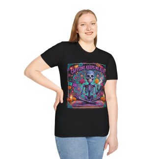 Caffeine Keeps Me Alive T-Shirt – Day of the Dead Skeleton Coffee Tee