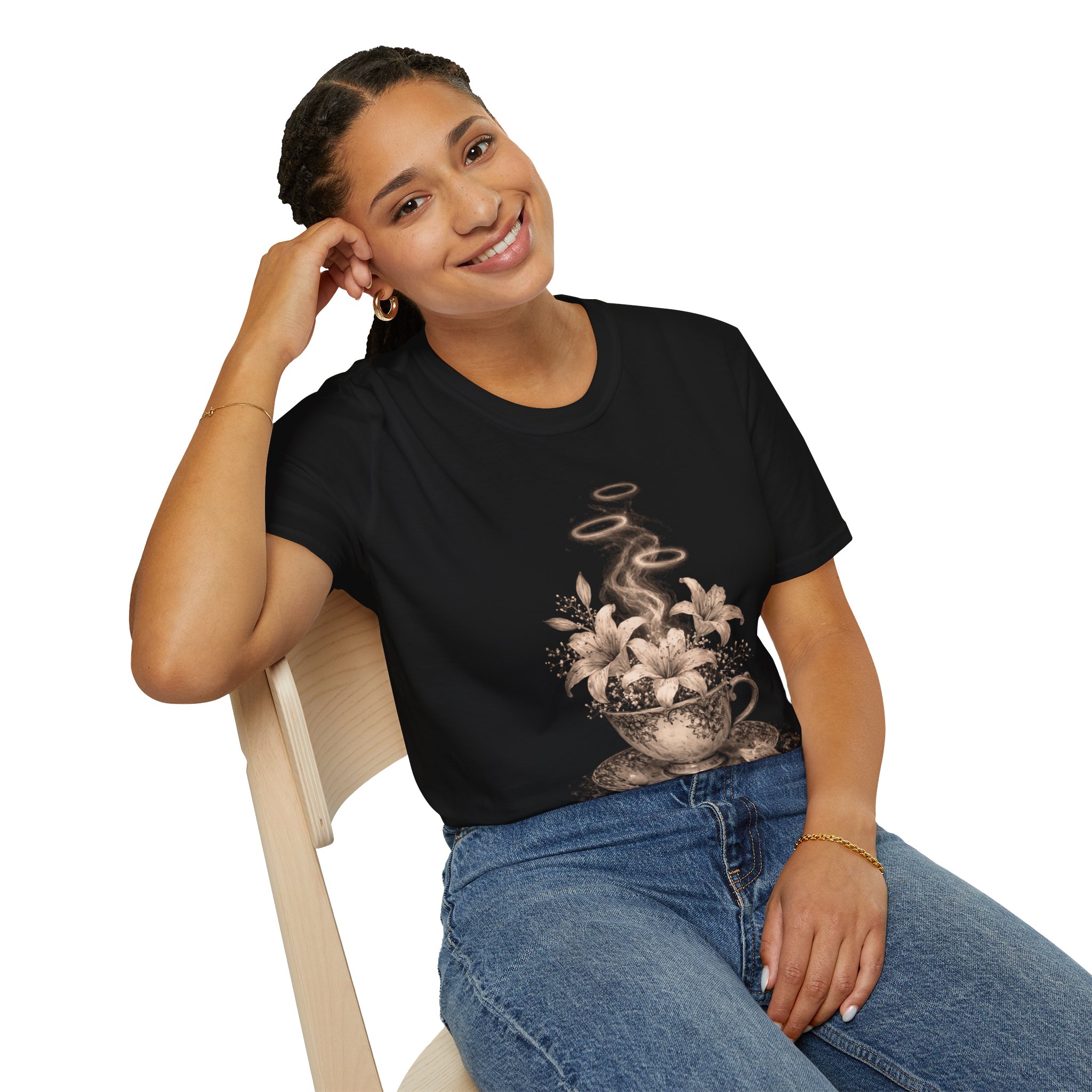 Tea Cup Floral T-Shirt — Vintage Steaming Teacup with Lilies - Image 8