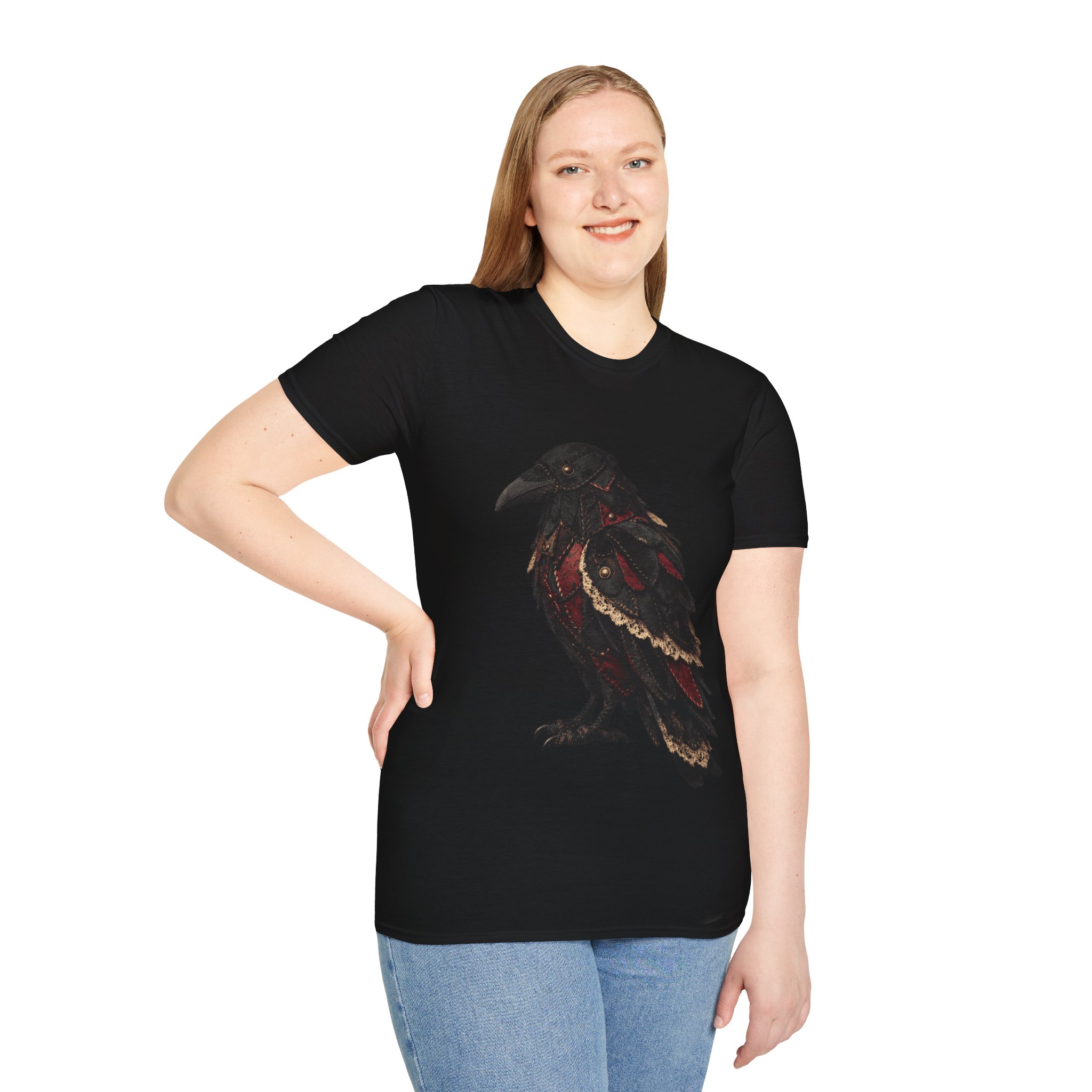 Dark Gothic Raven T-Shirt – Vintage Red & Gold Crow Illustration
