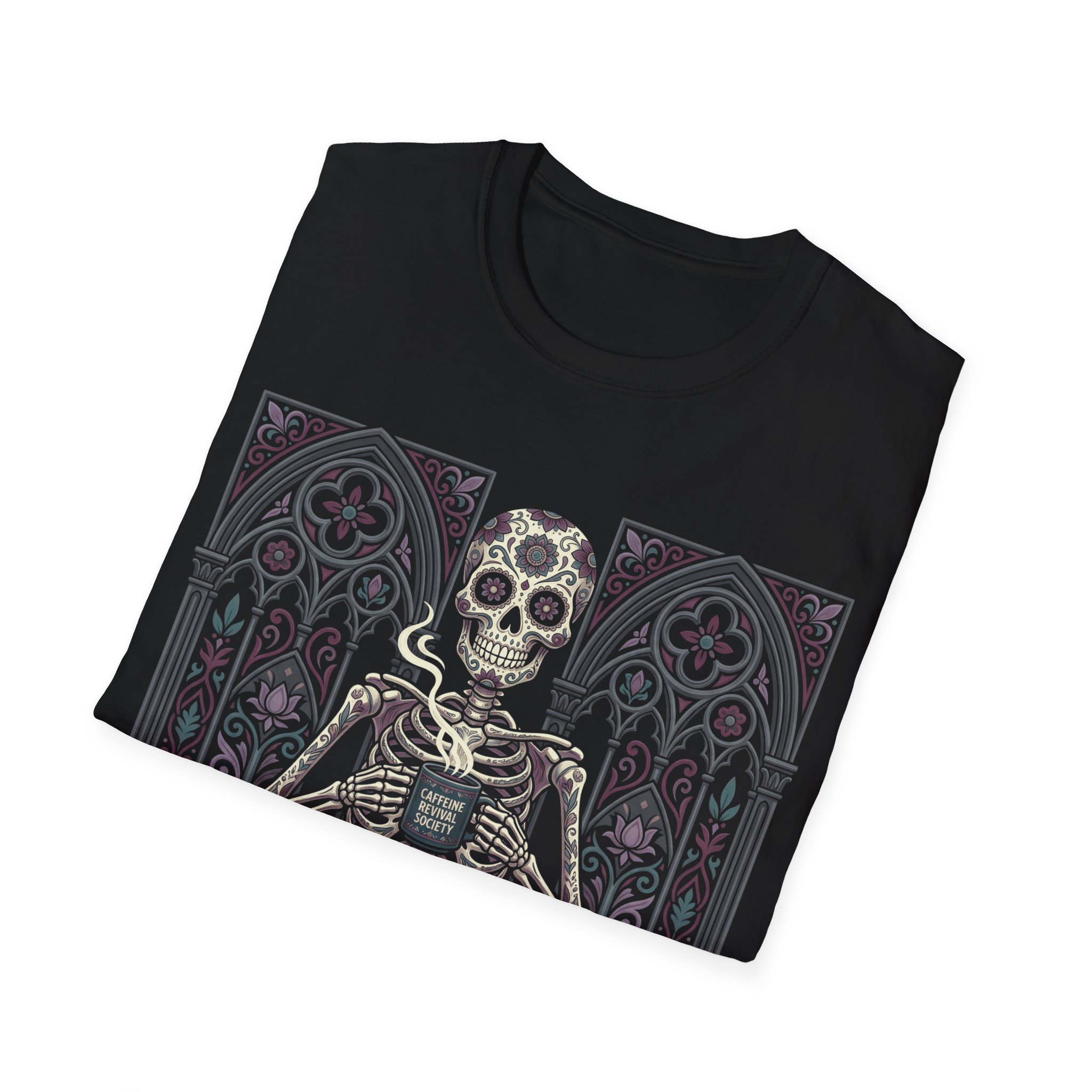 Caffeine Revival Society T-Shirt — Gothic Skeleton Coffee Tee - Image 6