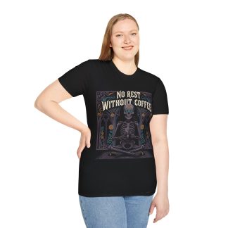 Skull Meditation Coffee T-Shirt — "No Rest Without Coffee" Gothic Brew Tee