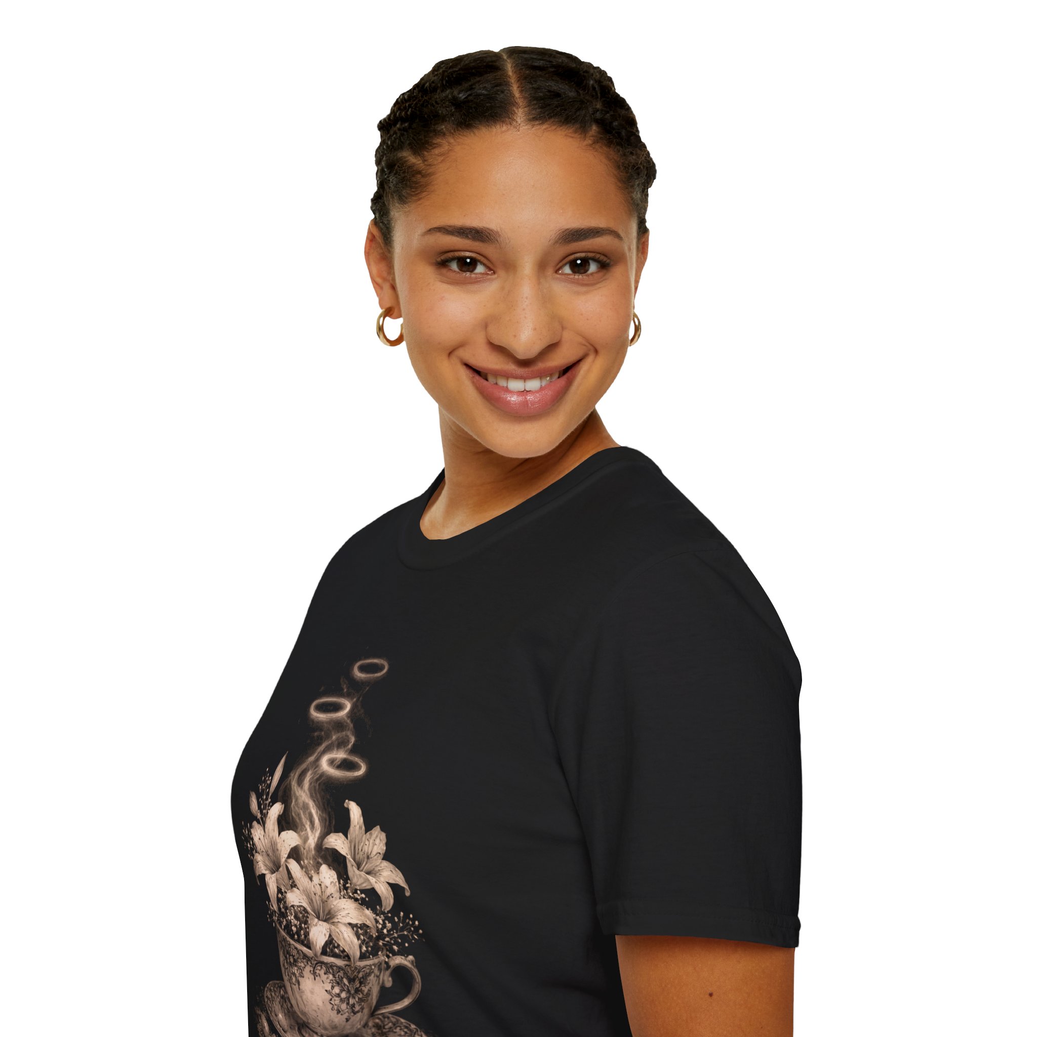 Tea Cup Floral T-Shirt — Vintage Steaming Teacup with Lilies - Image 7