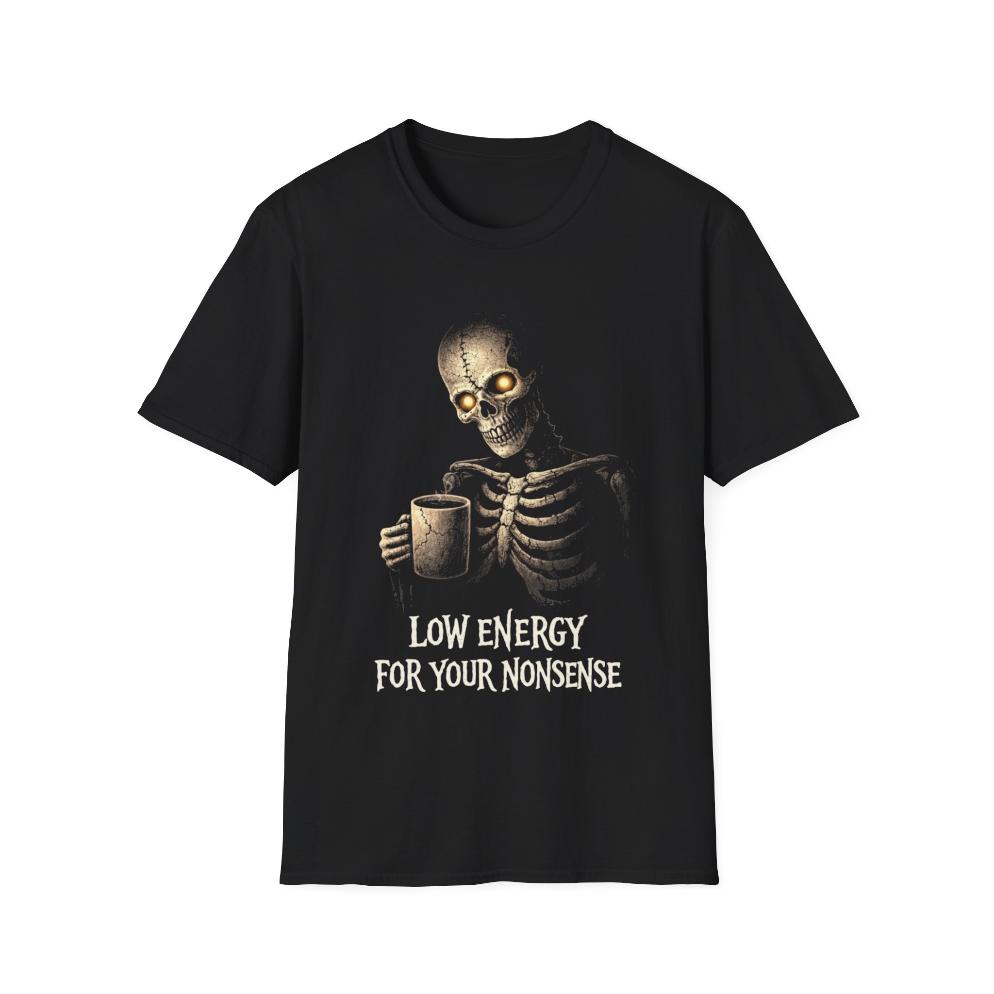 Skeleton Coffee Tee — "Low Energy For Your Nonsense" Graphic Shirt - Image 3