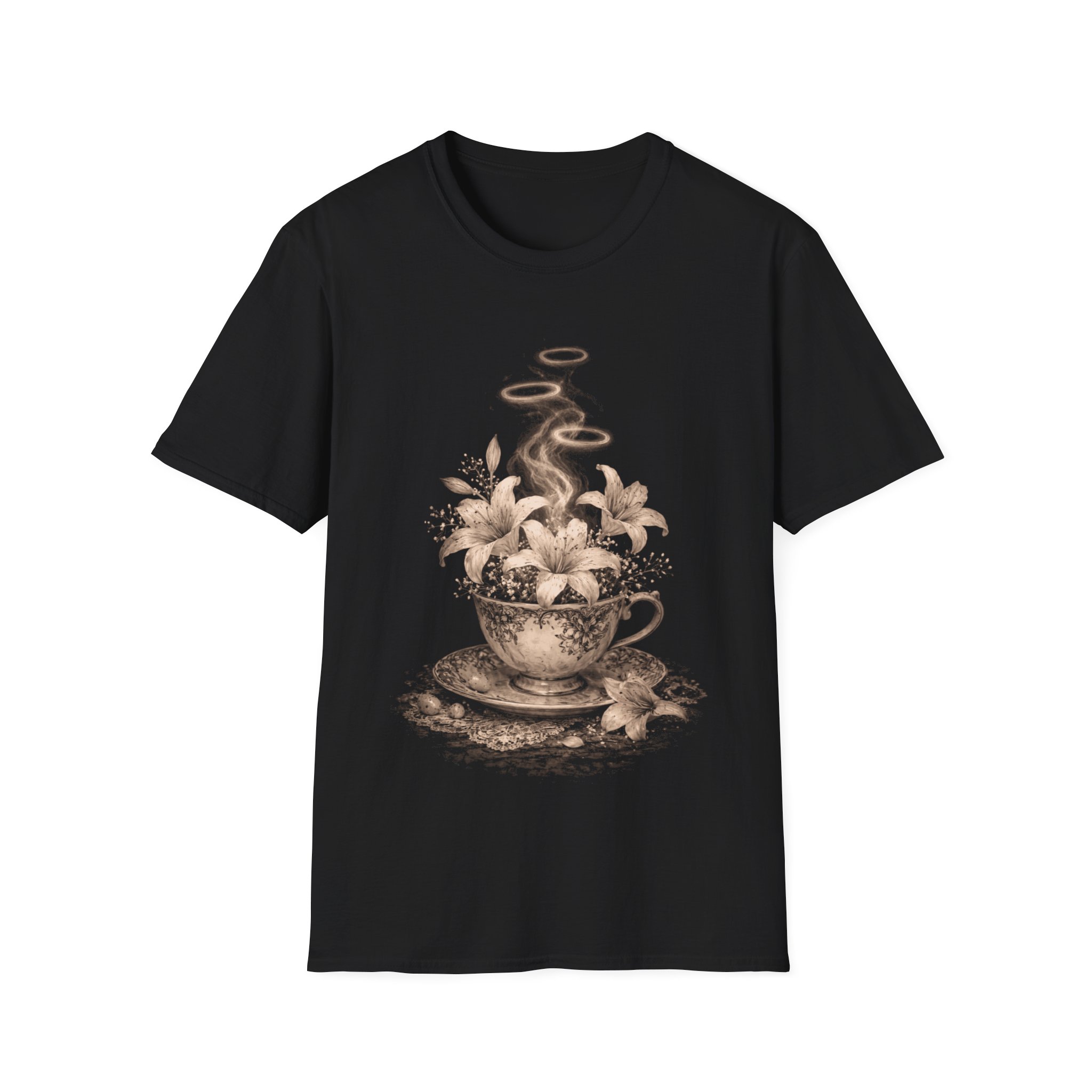 Tea Cup Floral T-Shirt — Vintage Steaming Teacup with Lilies - Image 3