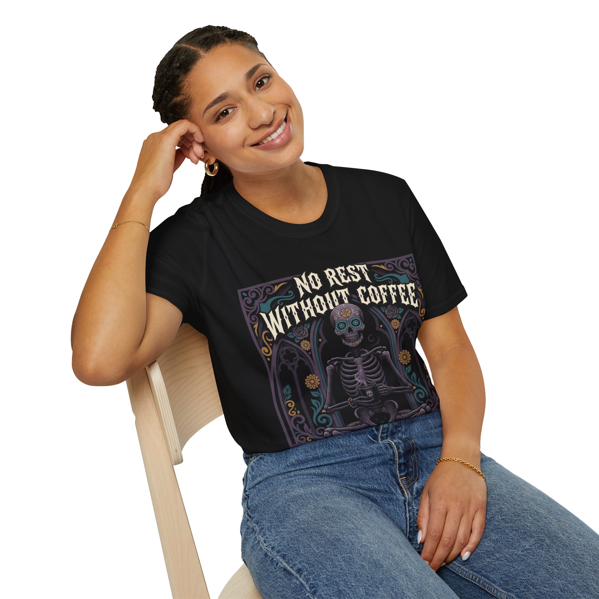 Skull Meditation Coffee T-Shirt — "No Rest Without Coffee" Gothic Brew Tee - Image 8