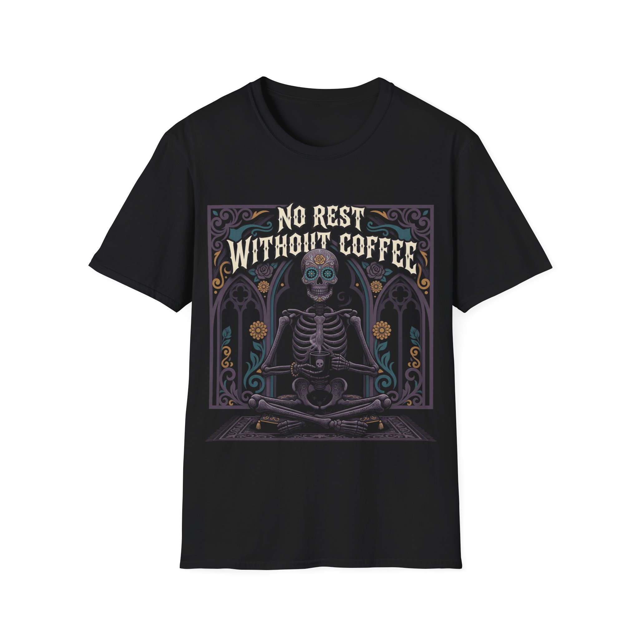Skull Meditation Coffee T-Shirt — "No Rest Without Coffee" Gothic Brew Tee - Image 3