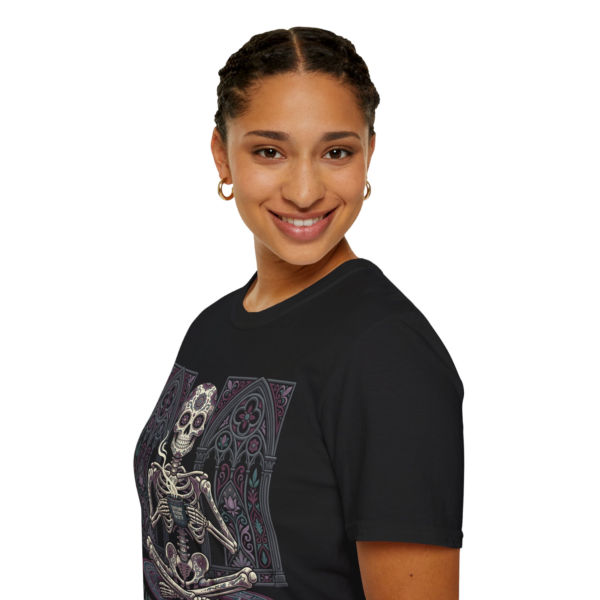 Caffeine Revival Society T-Shirt — Gothic Skeleton Coffee Tee - Image 7