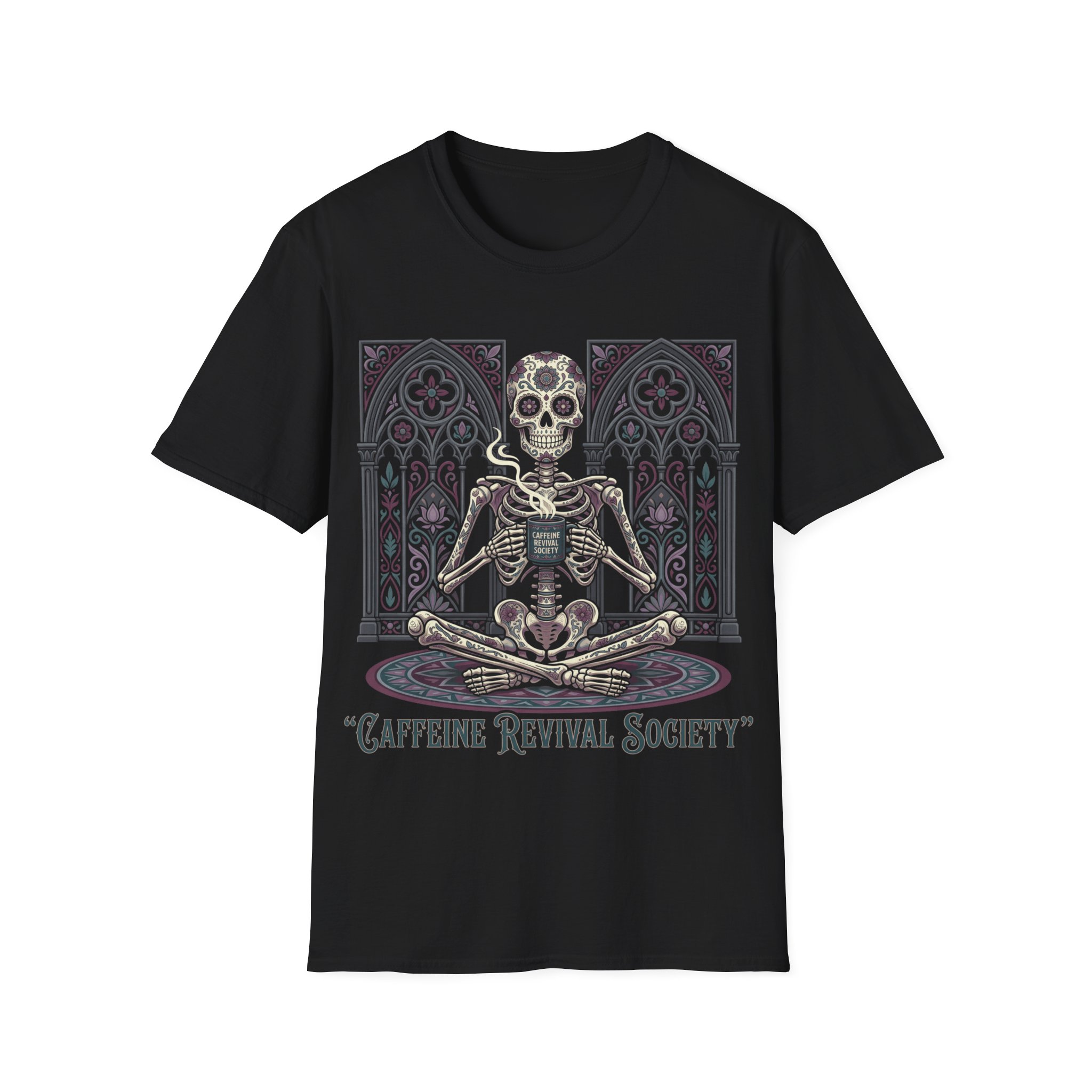 Caffeine Revival Society T-Shirt — Gothic Skeleton Coffee Tee - Image 3