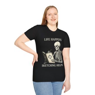 T-Shirt — "Life Happens, Sketching Helps" Skeleton Art Tee