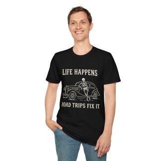 Road Trip T-Shirt - "Life Happens, Road Trips Fix It" Vintage Skeleton Car Tee