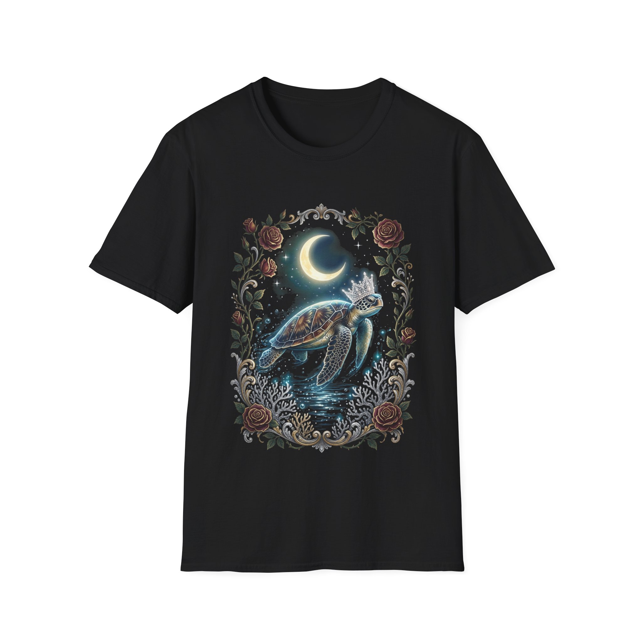 Moonlit Turtle T-Shirt — Celestial Sea Turtle Floral Graphic Tee - Image 5