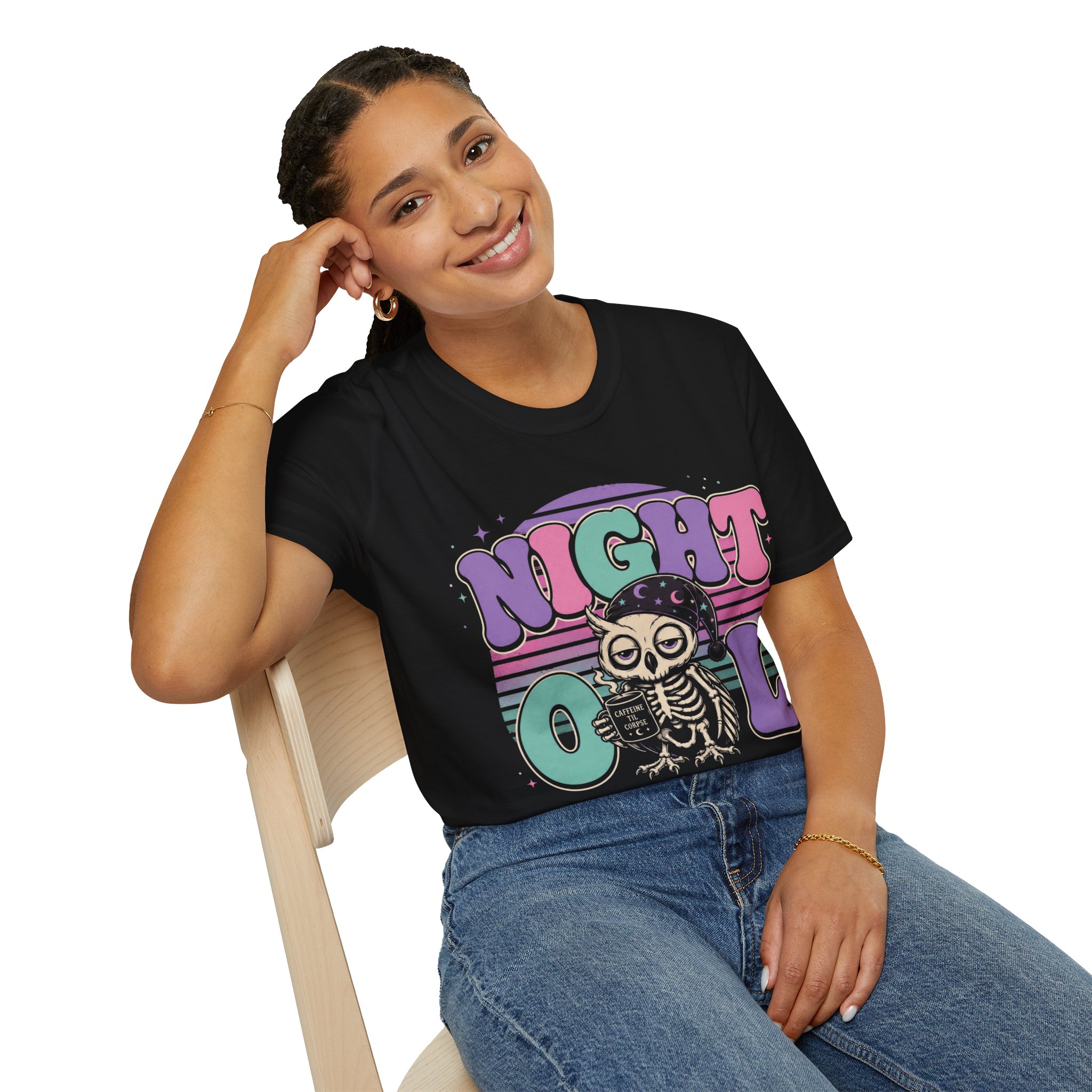 Night Owl Skeleton T-Shirt — Retro Pastel Graphic Tee - Image 10