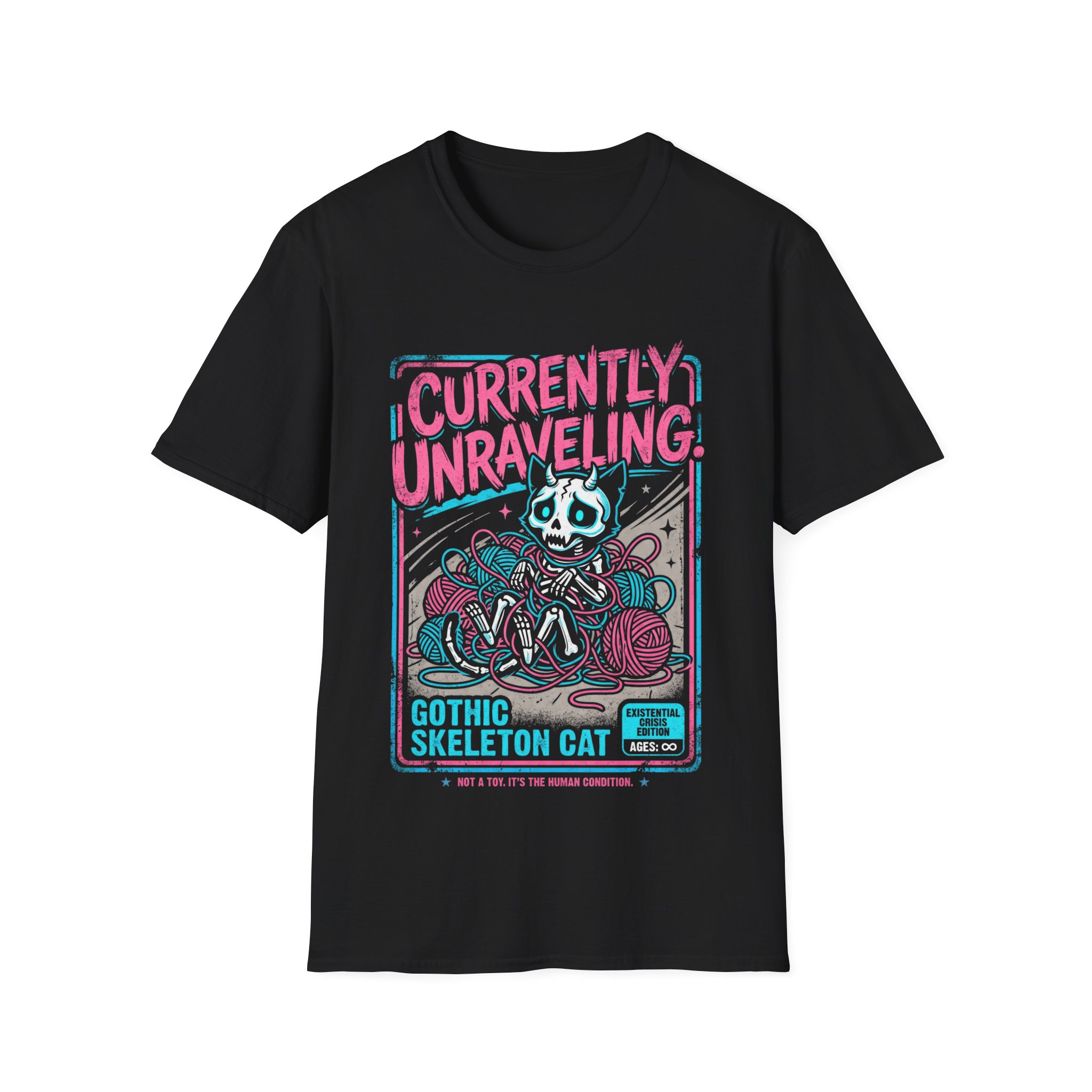 Gothic Skeleton Cat T-Shirt — "Currently Unraveling" - Image 3