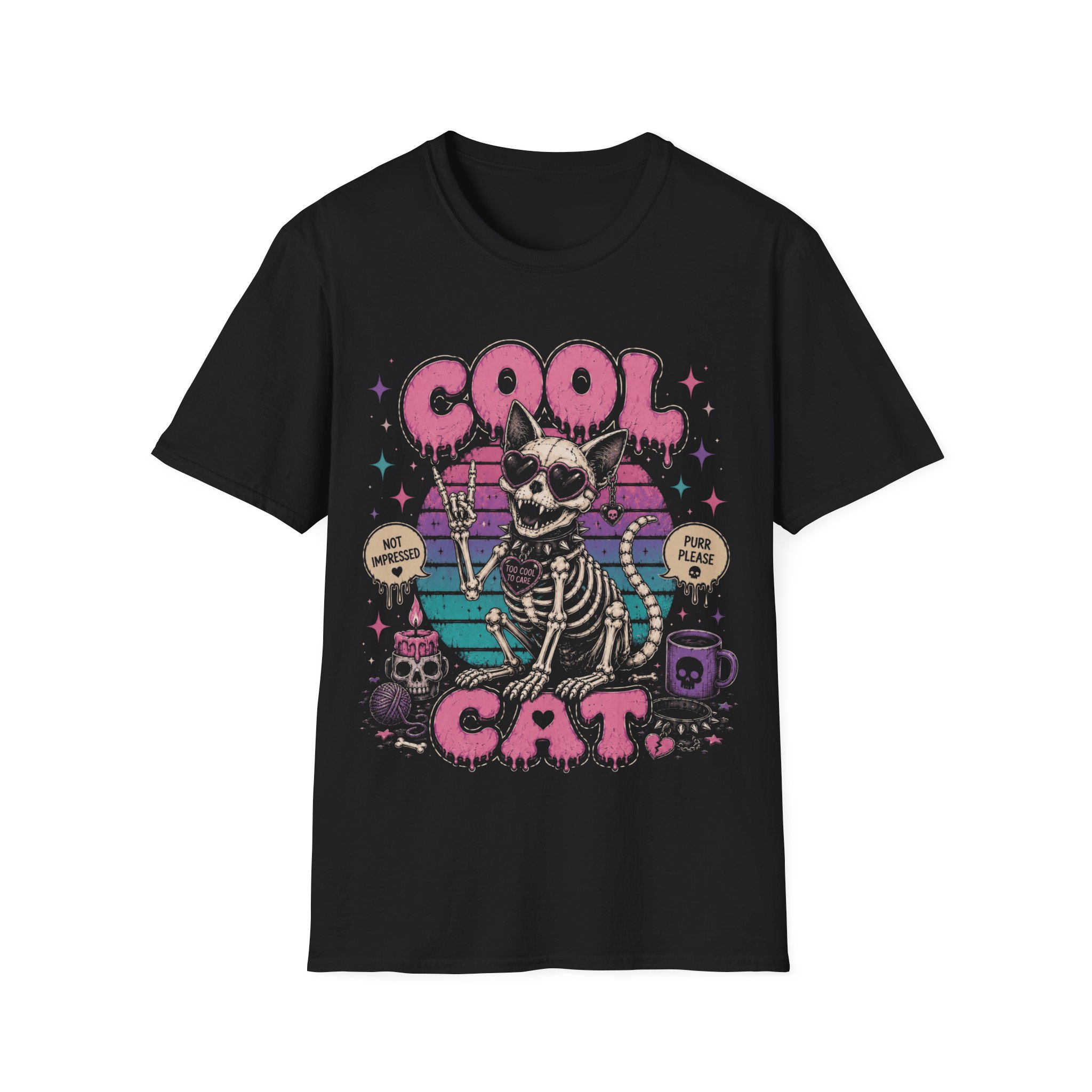 Cool Cat Skeleton T-Shirt — Retro Goth Cat Graphic Tee - Image 3