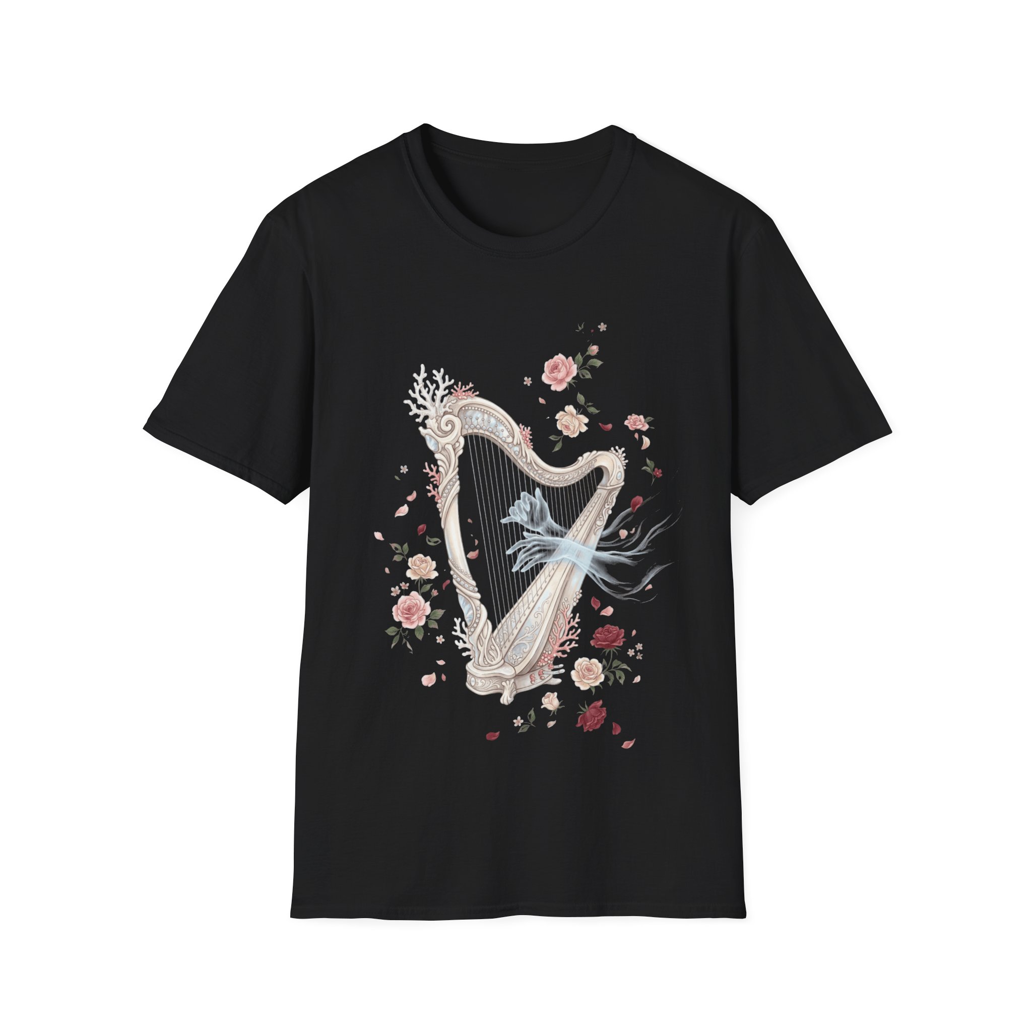 Harp & Roses Floral T-Shirt — Elegant Musical Tee - Image 4