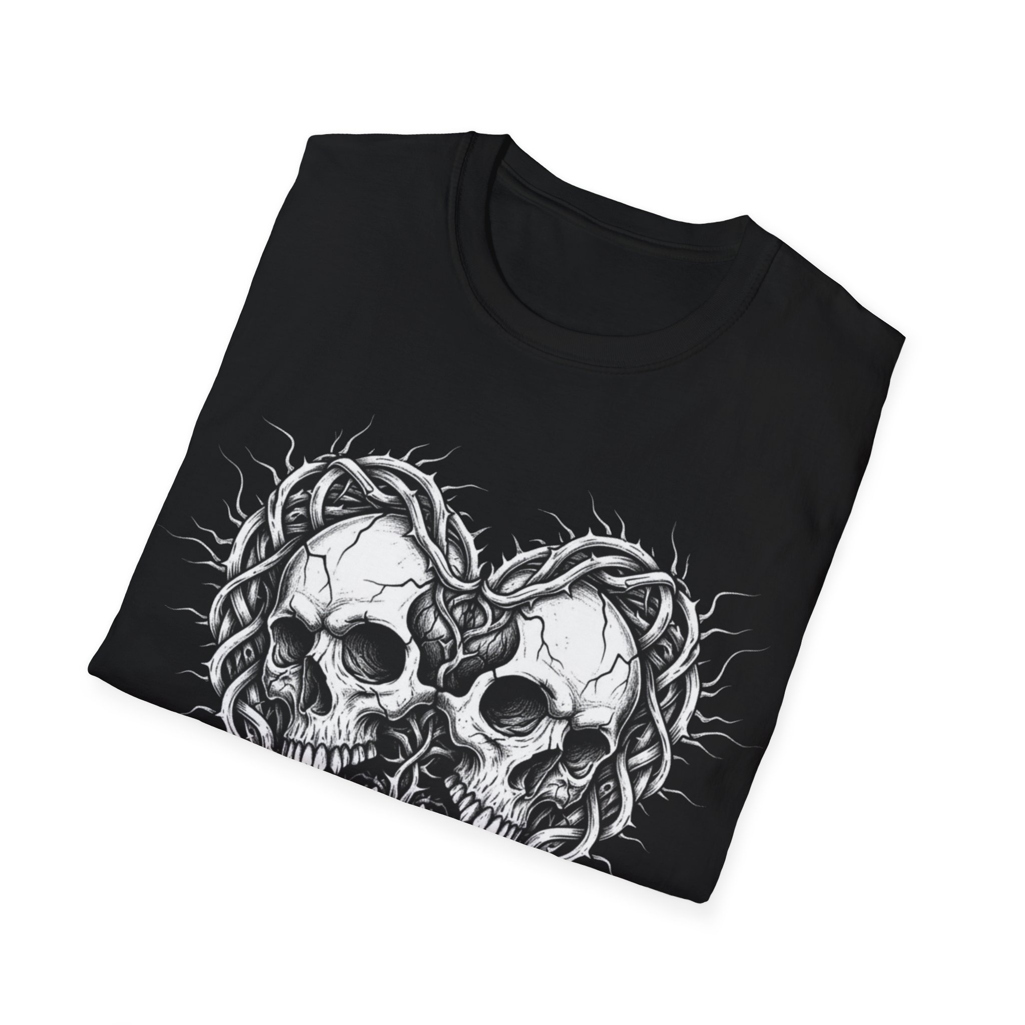 Skull Heart T-Shirt — Gothic Twin Skulls Tribal Love - Image 6
