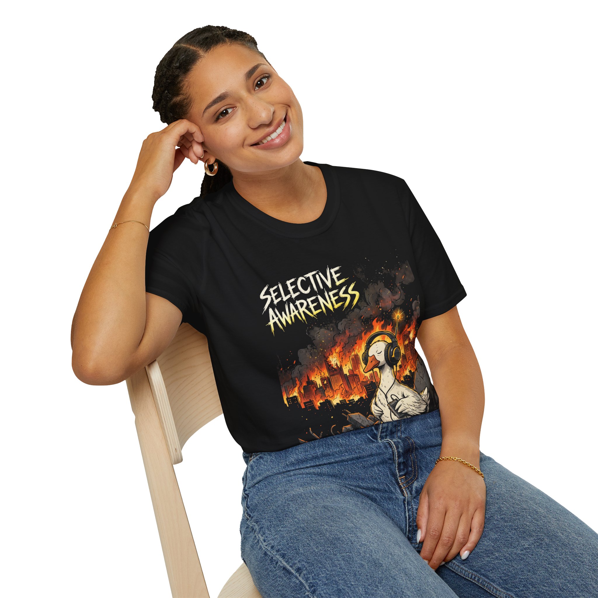 Selective Awareness Graphic T-Shirt — Duck in Headphones Amid City on Fire - Image 10