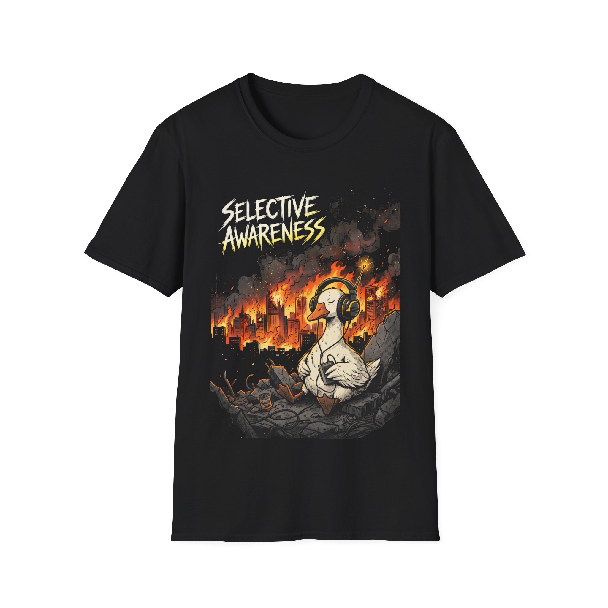Selective Awareness Graphic T-Shirt — Duck in Headphones Amid City on Fire - Image 3