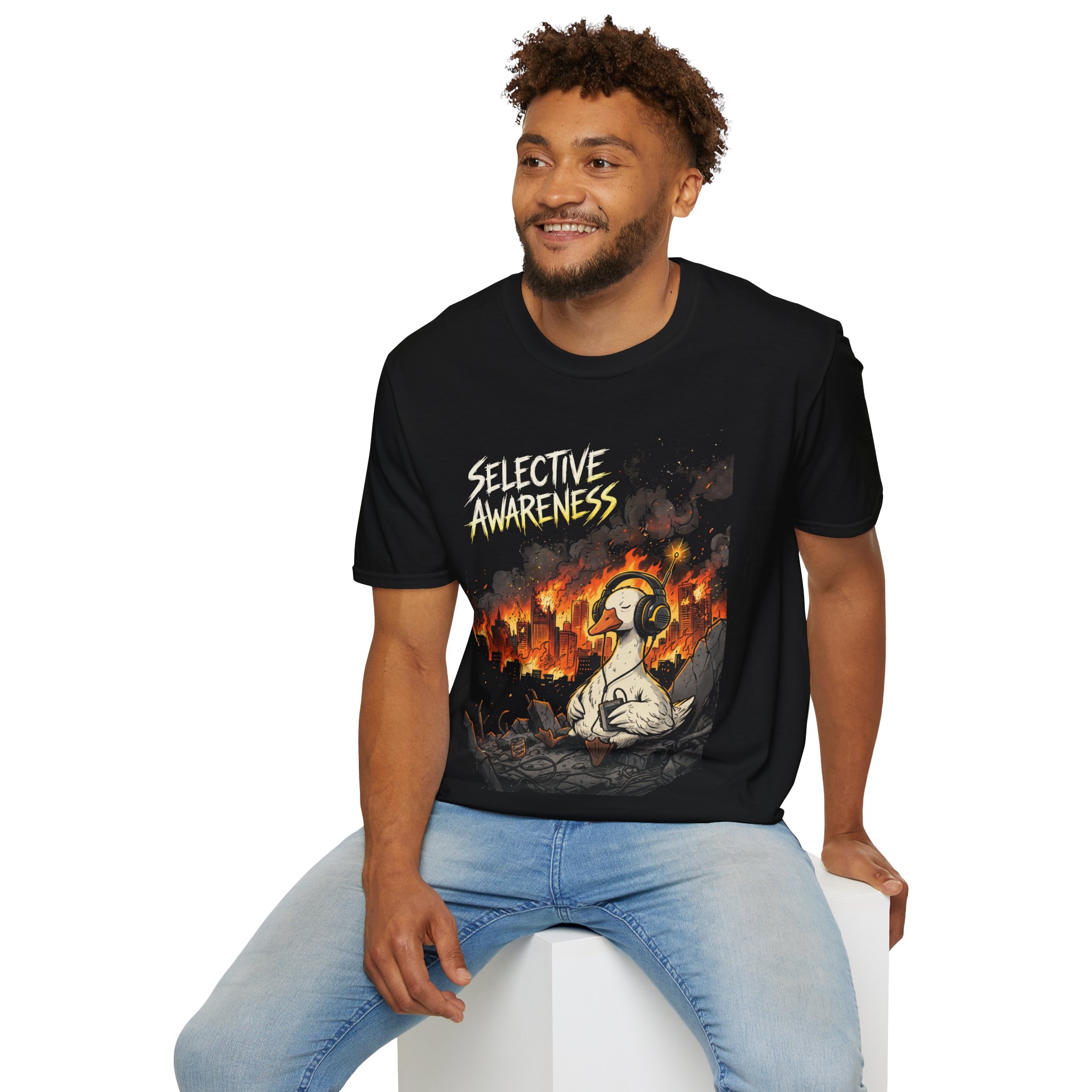 Selective Awareness Graphic T-Shirt — Duck in Headphones Amid City on Fire - Image 12