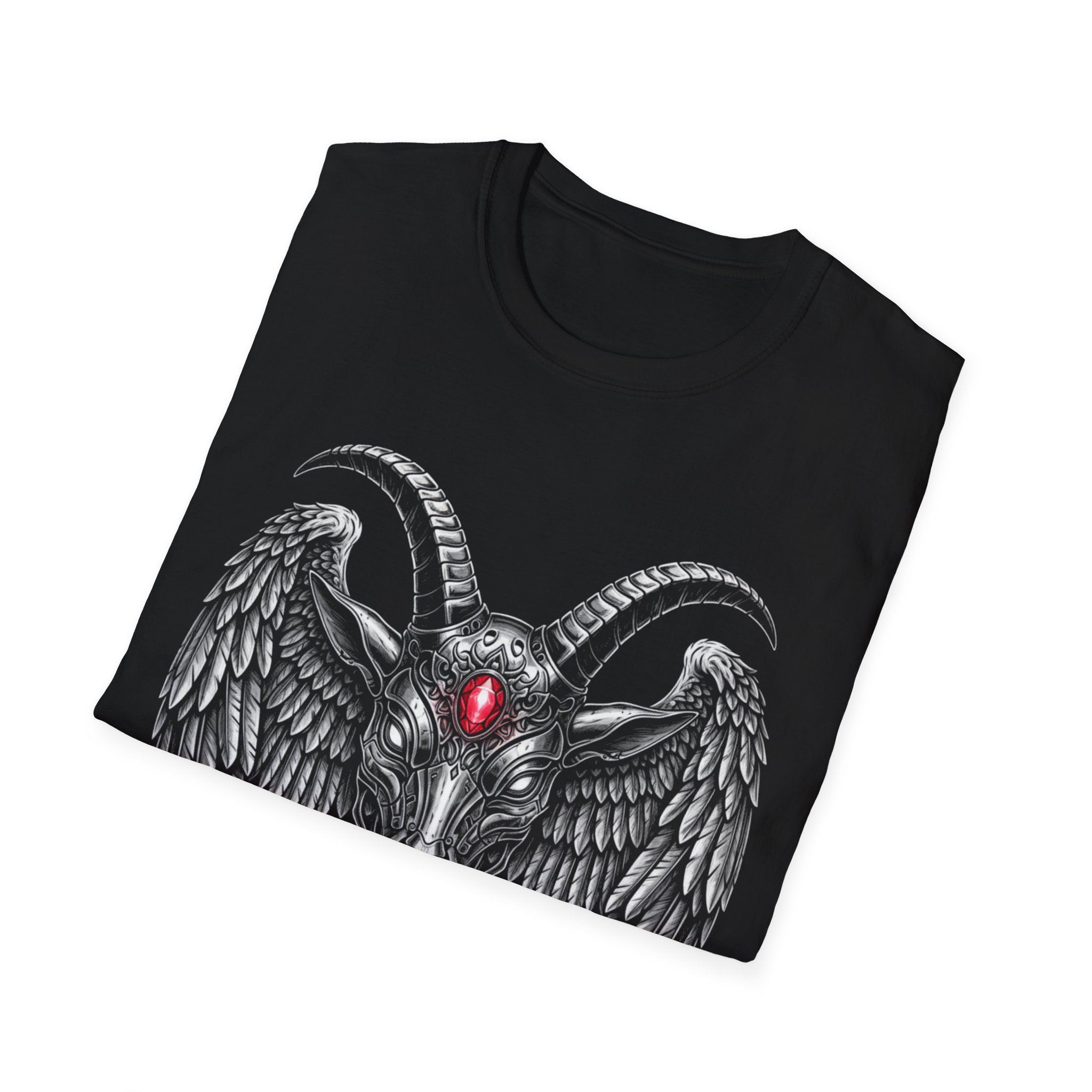 Goat Skull T-Shirt — Occult Winged Goat Design with Red Gem - Image 6