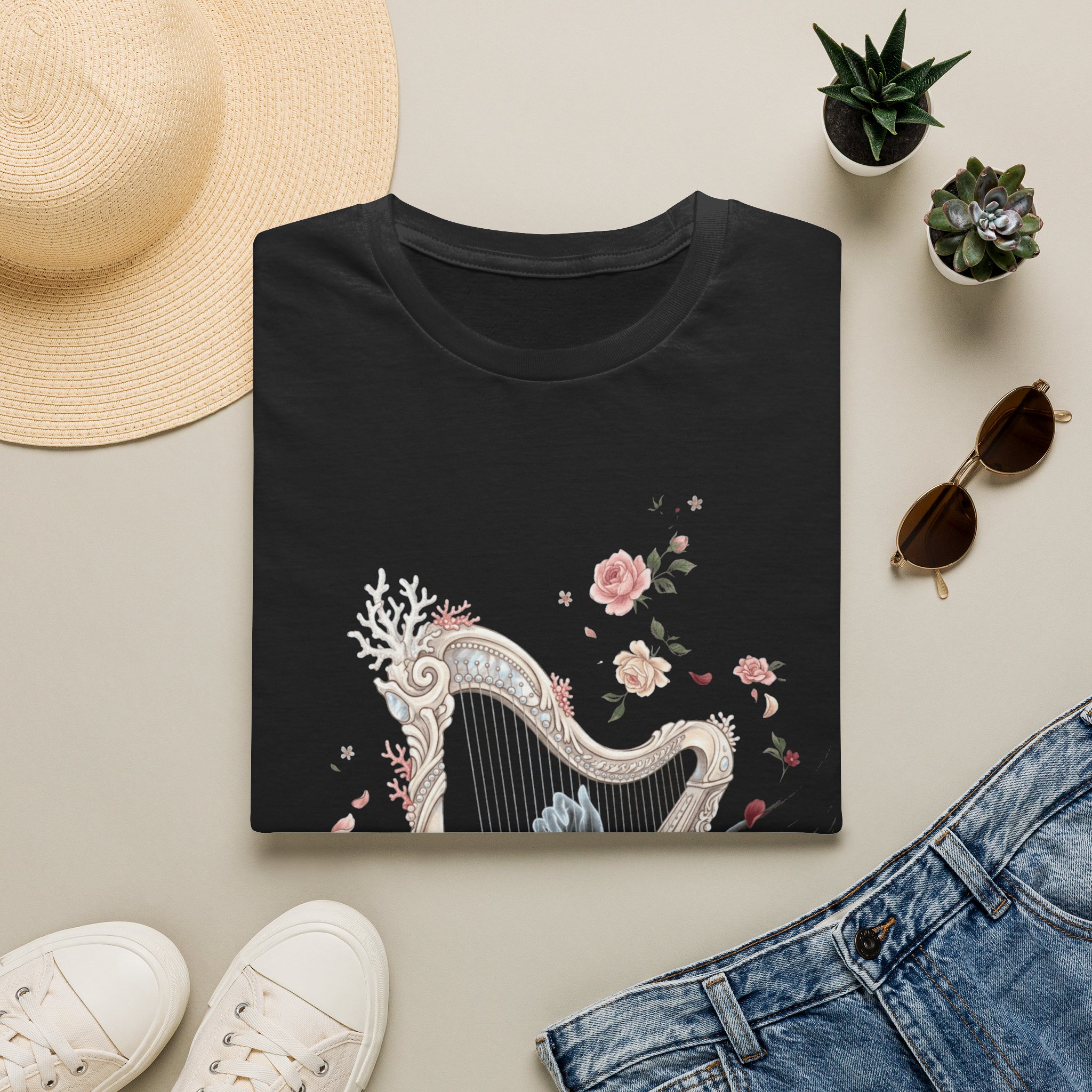 Harp & Roses Floral T-Shirt — Elegant Musical Tee - Image 2