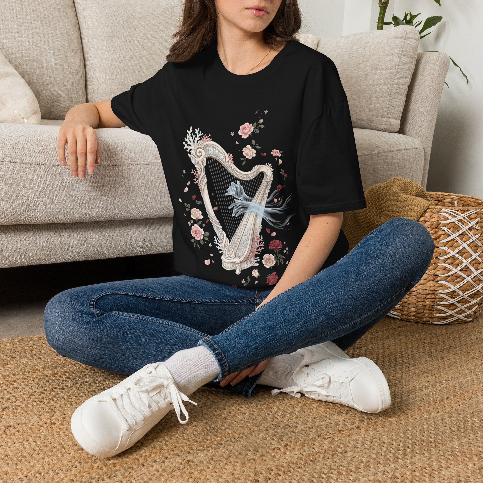 Harp & Roses Floral T-Shirt — Elegant Musical Tee - Image 3