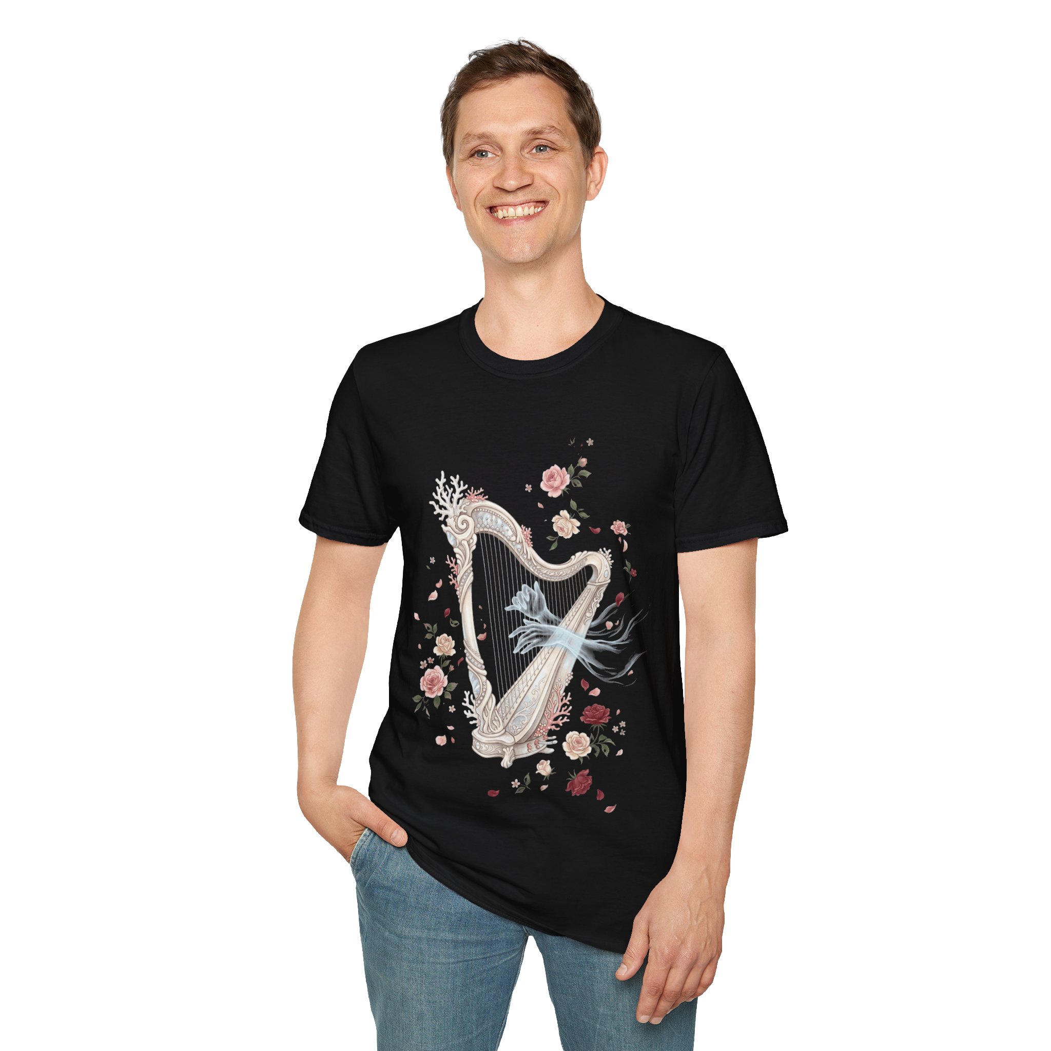 Harp & Roses Floral T-Shirt — Elegant Musical Tee - Image 8