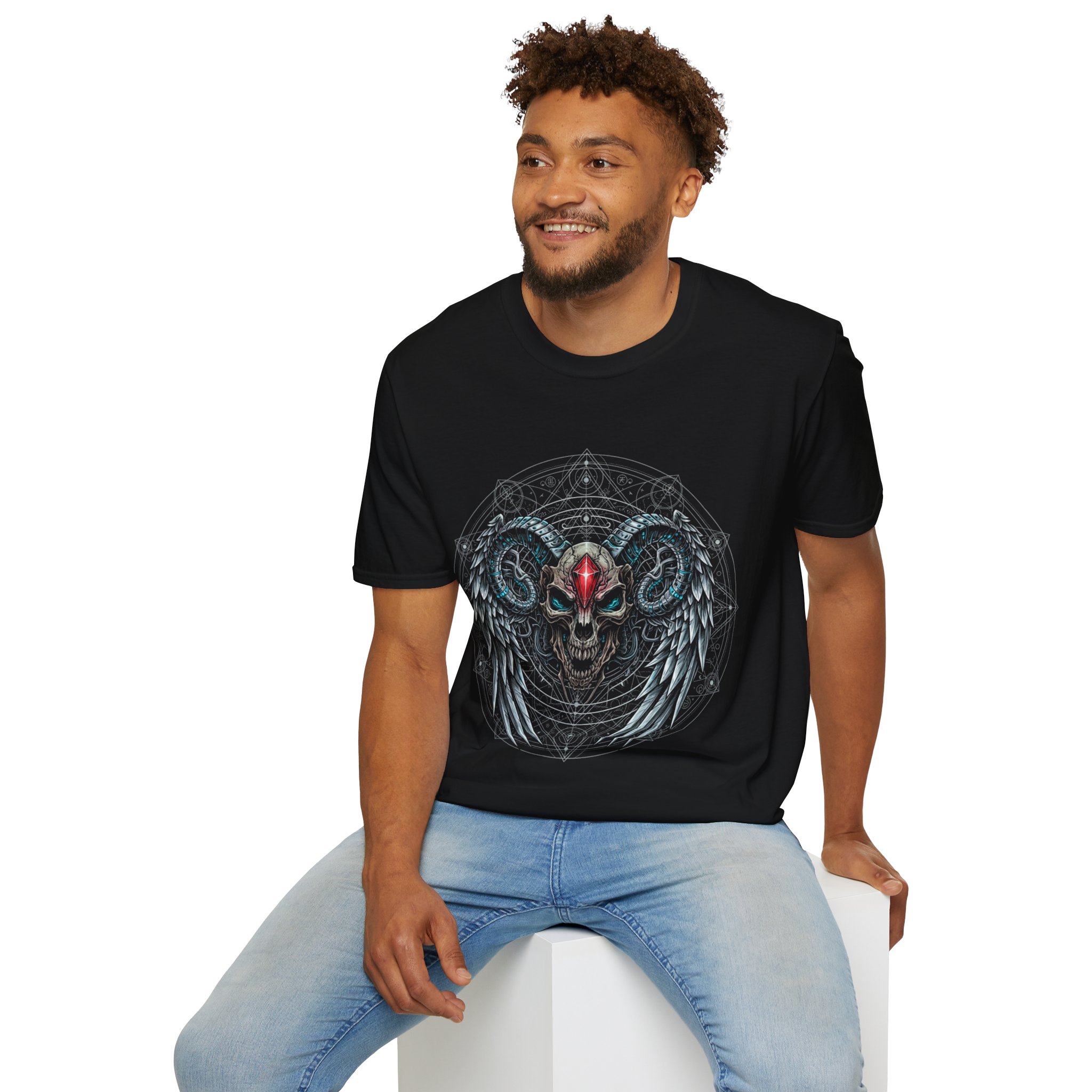 Skull & Ram Horn T-Shirt — Gothic Winged Skull with Red Gem - Image 12