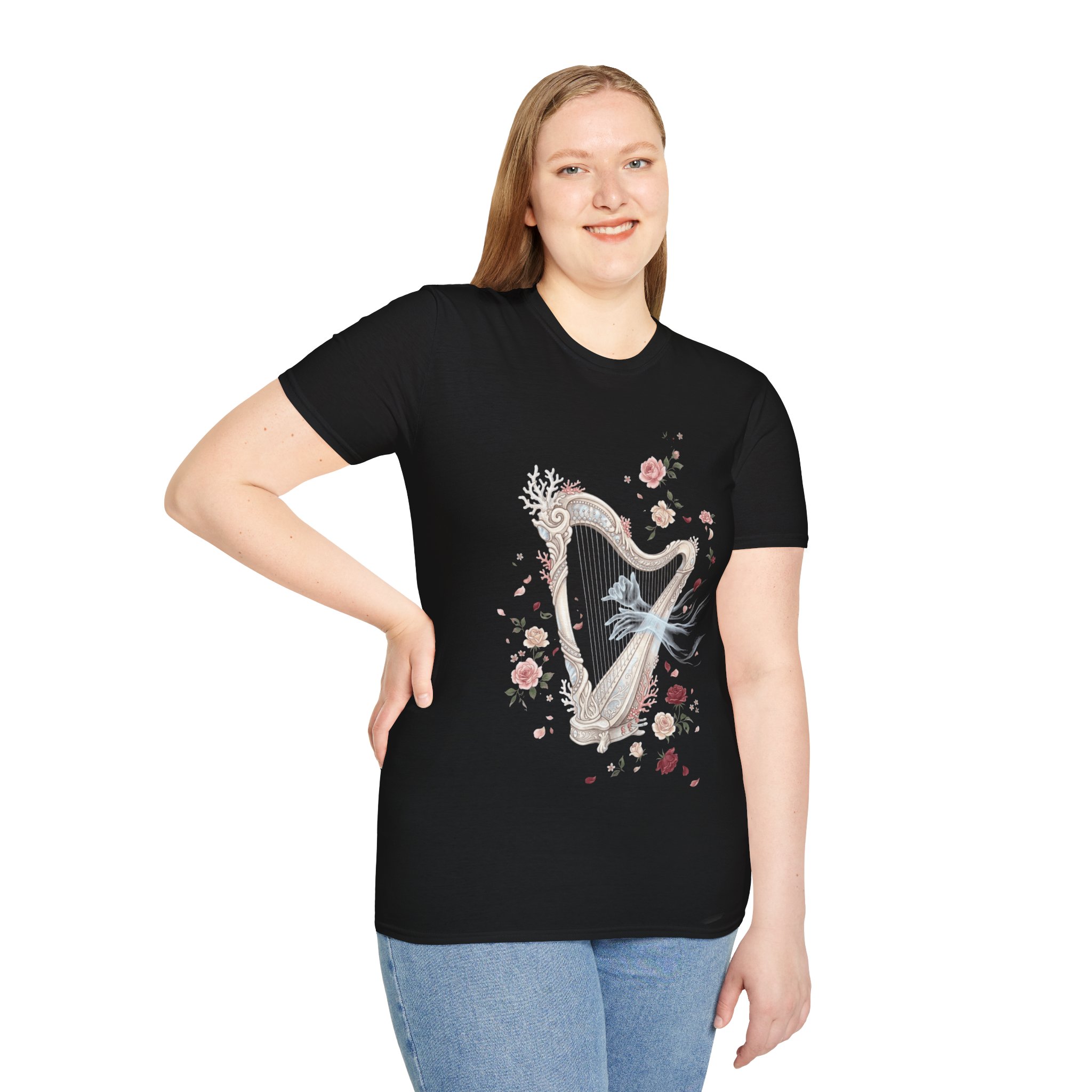 Harp & Roses Floral T-Shirt — Elegant Musical Tee