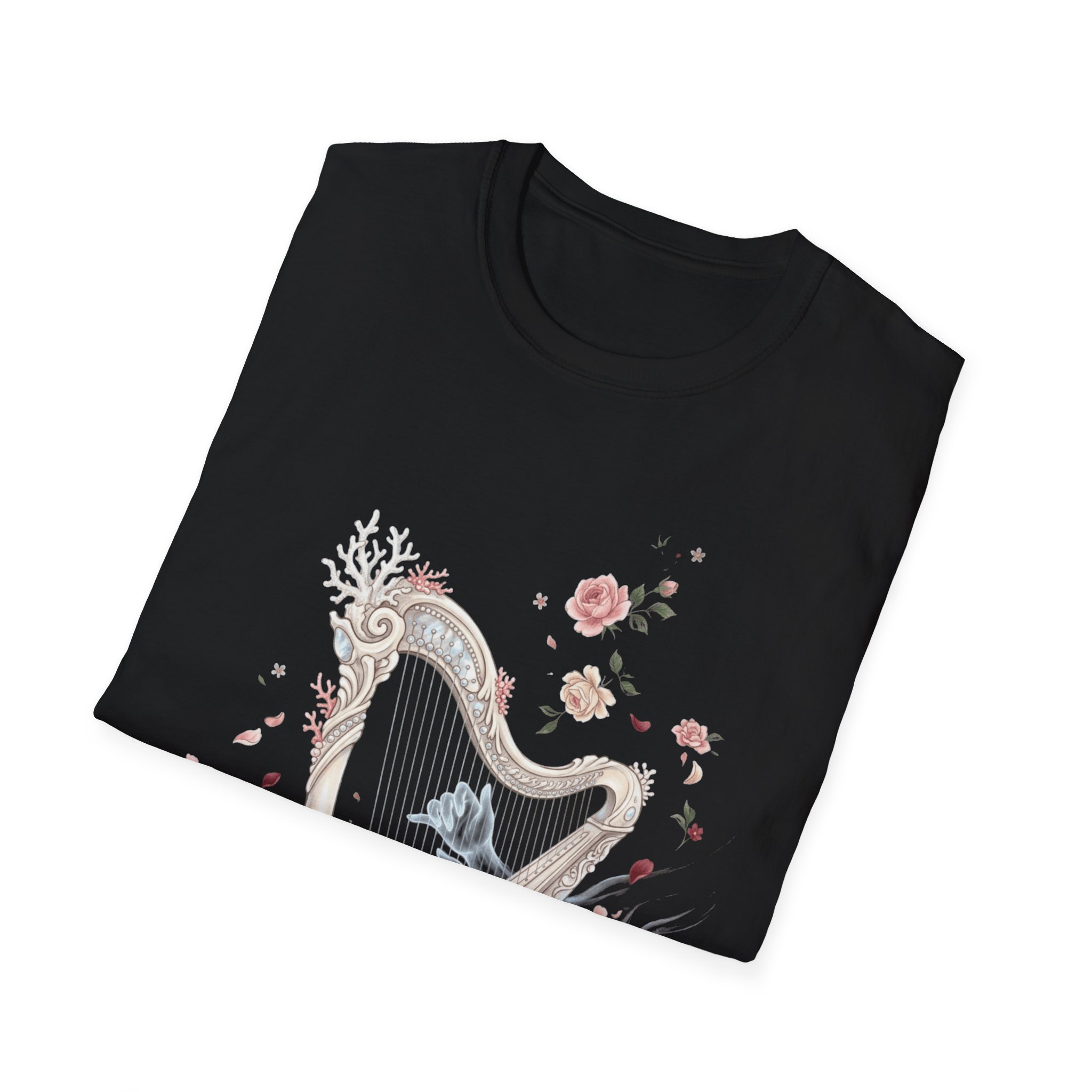 Harp & Roses Floral T-Shirt — Elegant Musical Tee - Image 6
