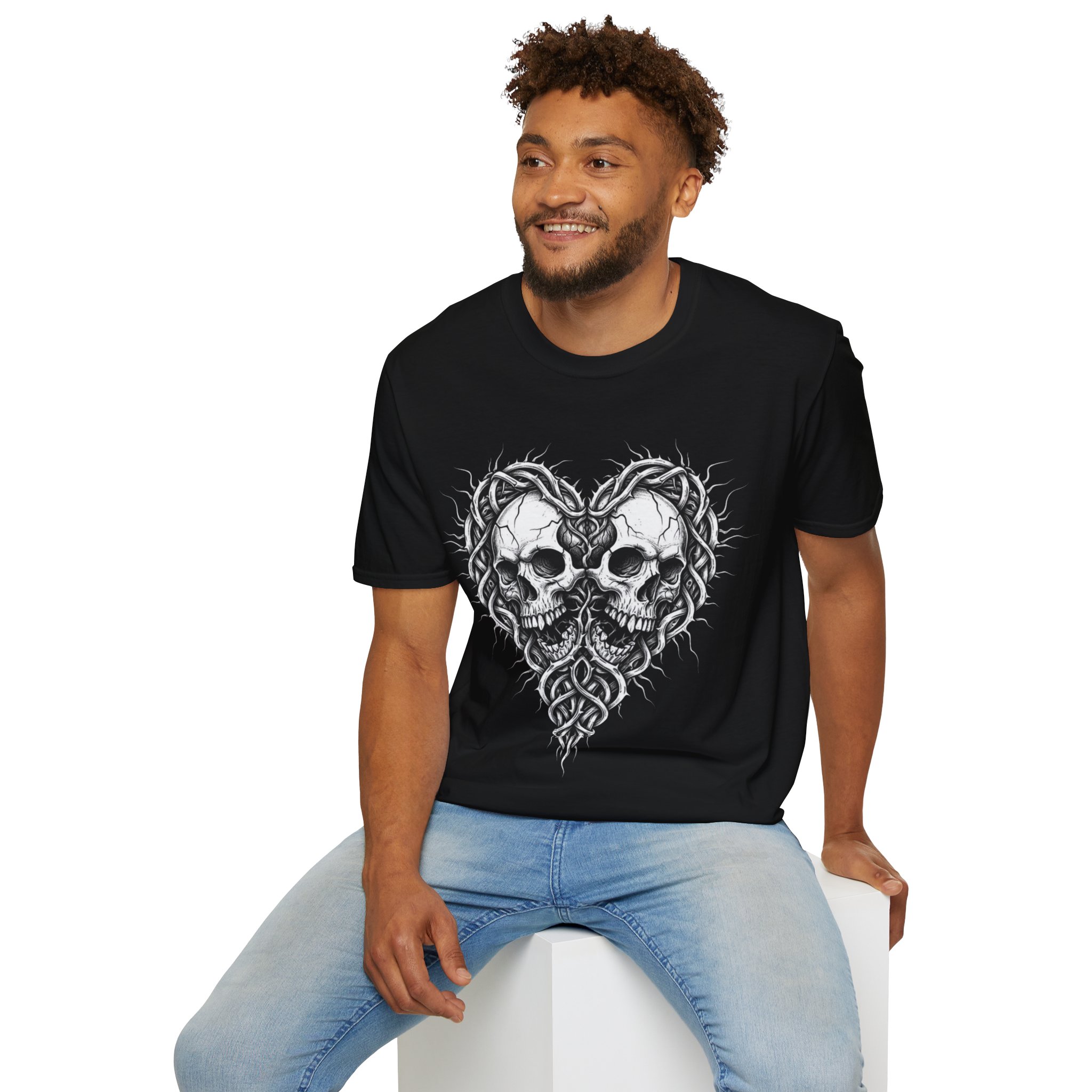 Skull Heart T-Shirt — Gothic Twin Skulls Tribal Love - Image 12