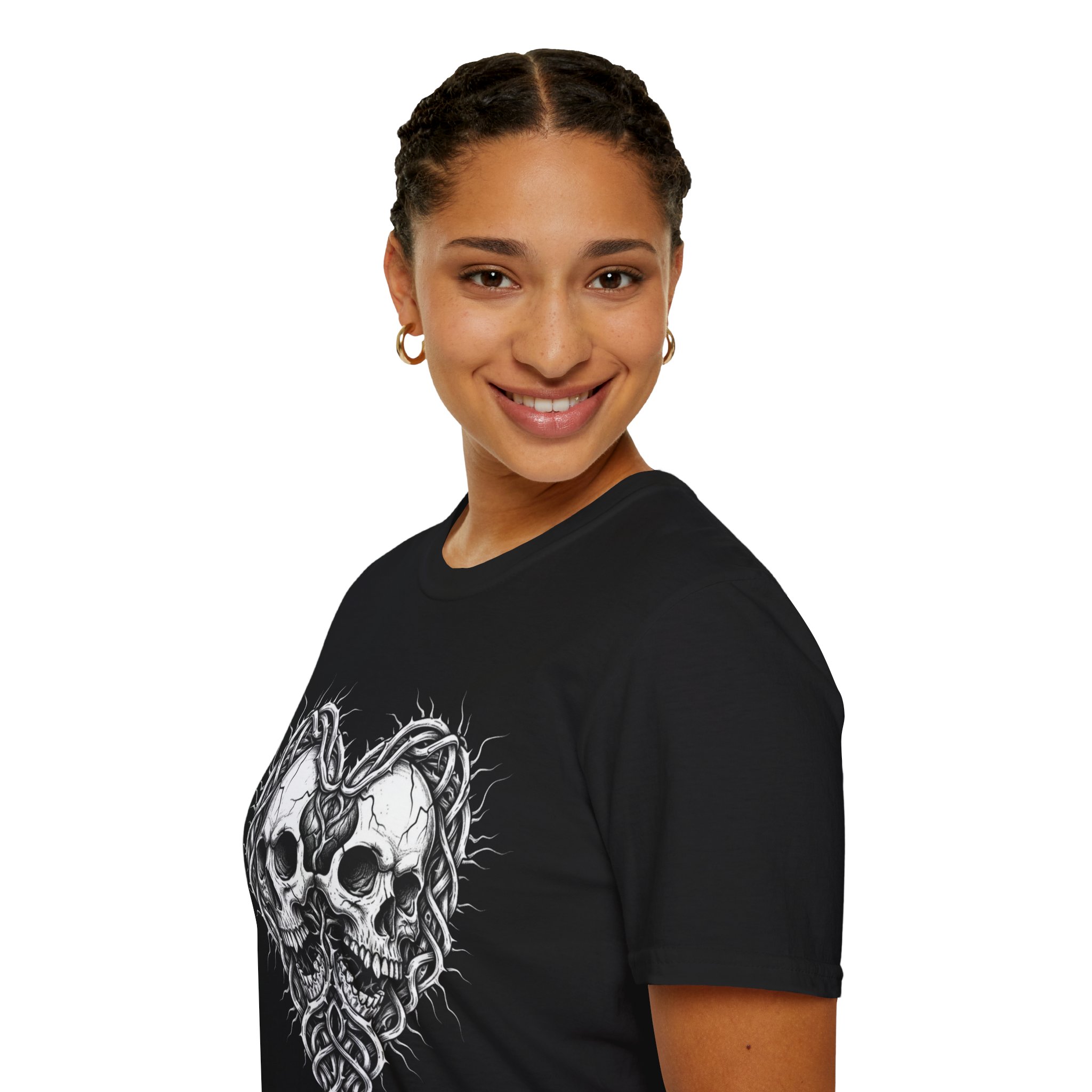 Skull Heart T-Shirt — Gothic Twin Skulls Tribal Love - Image 9