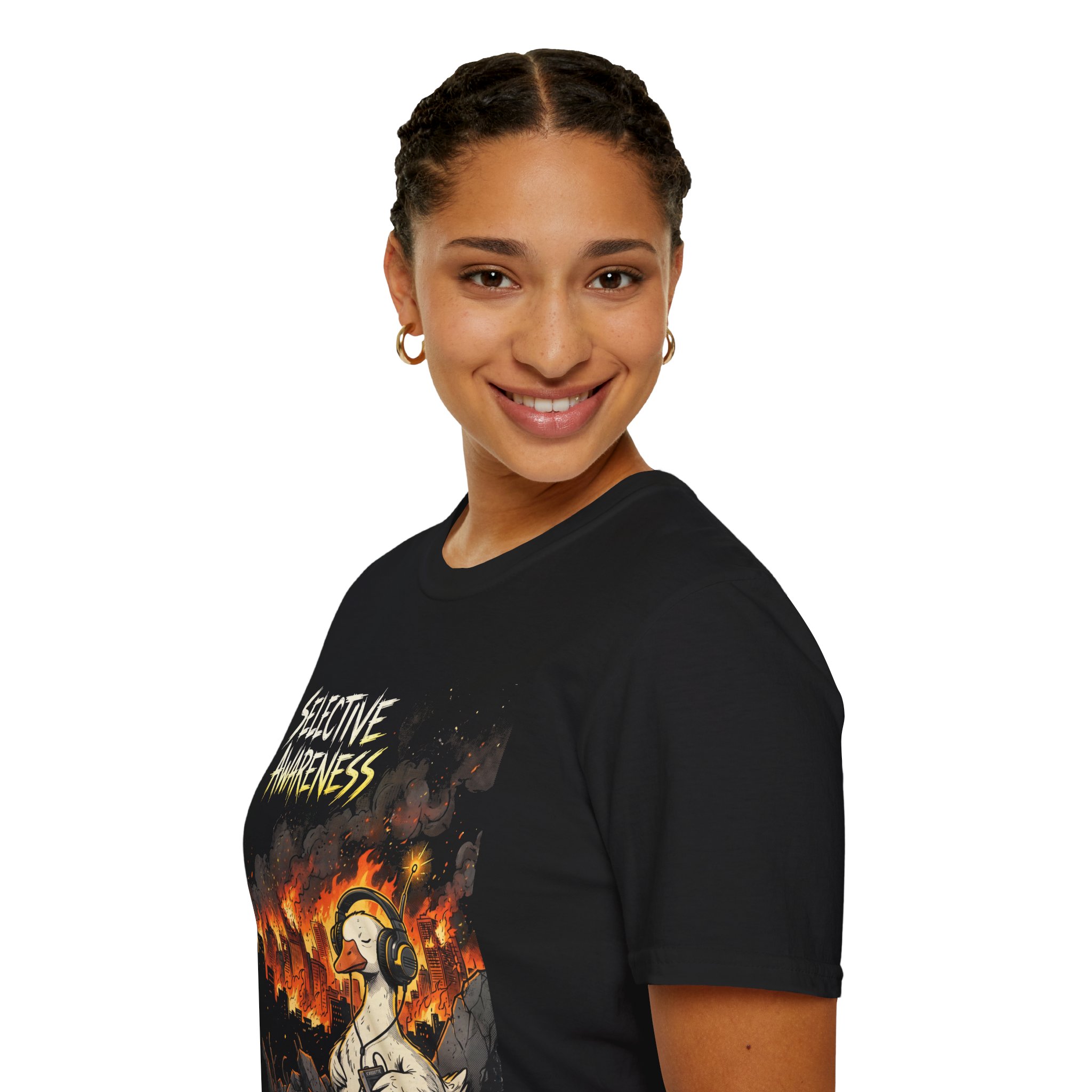 Selective Awareness Graphic T-Shirt — Duck in Headphones Amid City on Fire - Image 9