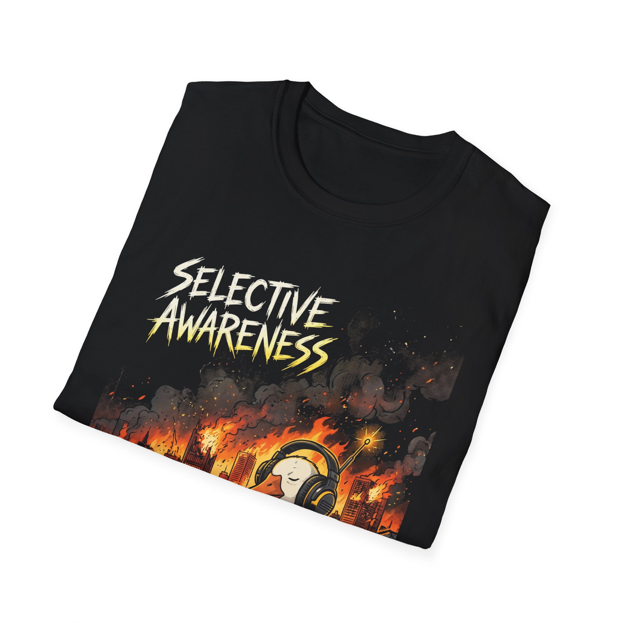 Selective Awareness Graphic T-Shirt — Duck in Headphones Amid City on Fire - Image 6