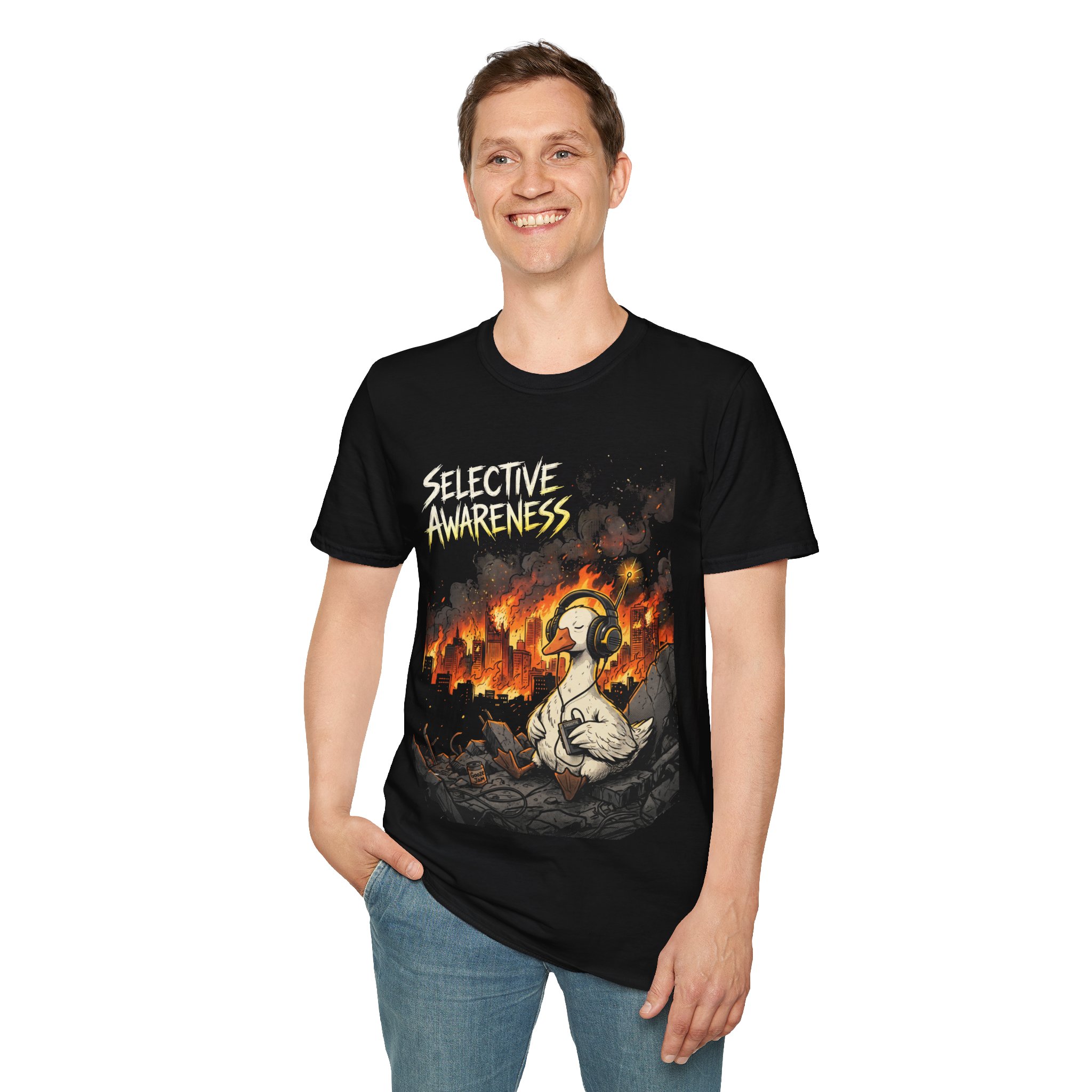 Selective Awareness Graphic T-Shirt — Duck in Headphones Amid City on Fire - Image 7