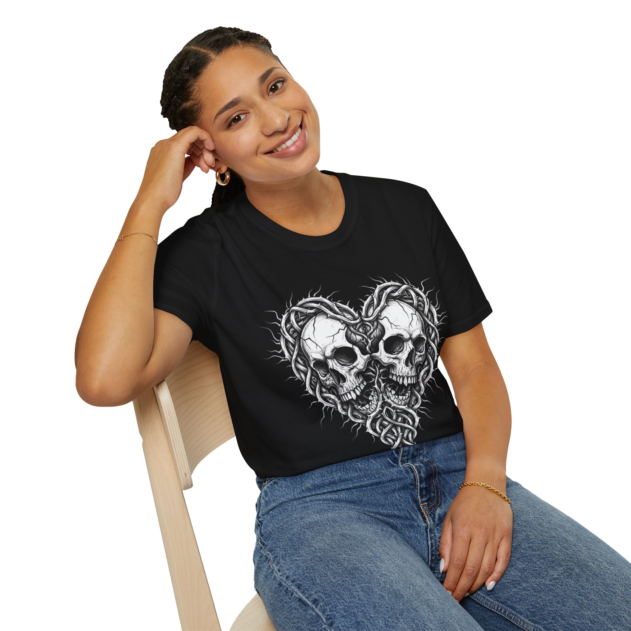 Skull Heart T-Shirt — Gothic Twin Skulls Tribal Love - Image 10