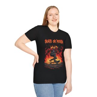 Skate or Perish — Flaming Skateboard Graphic Tee for Skateboarders