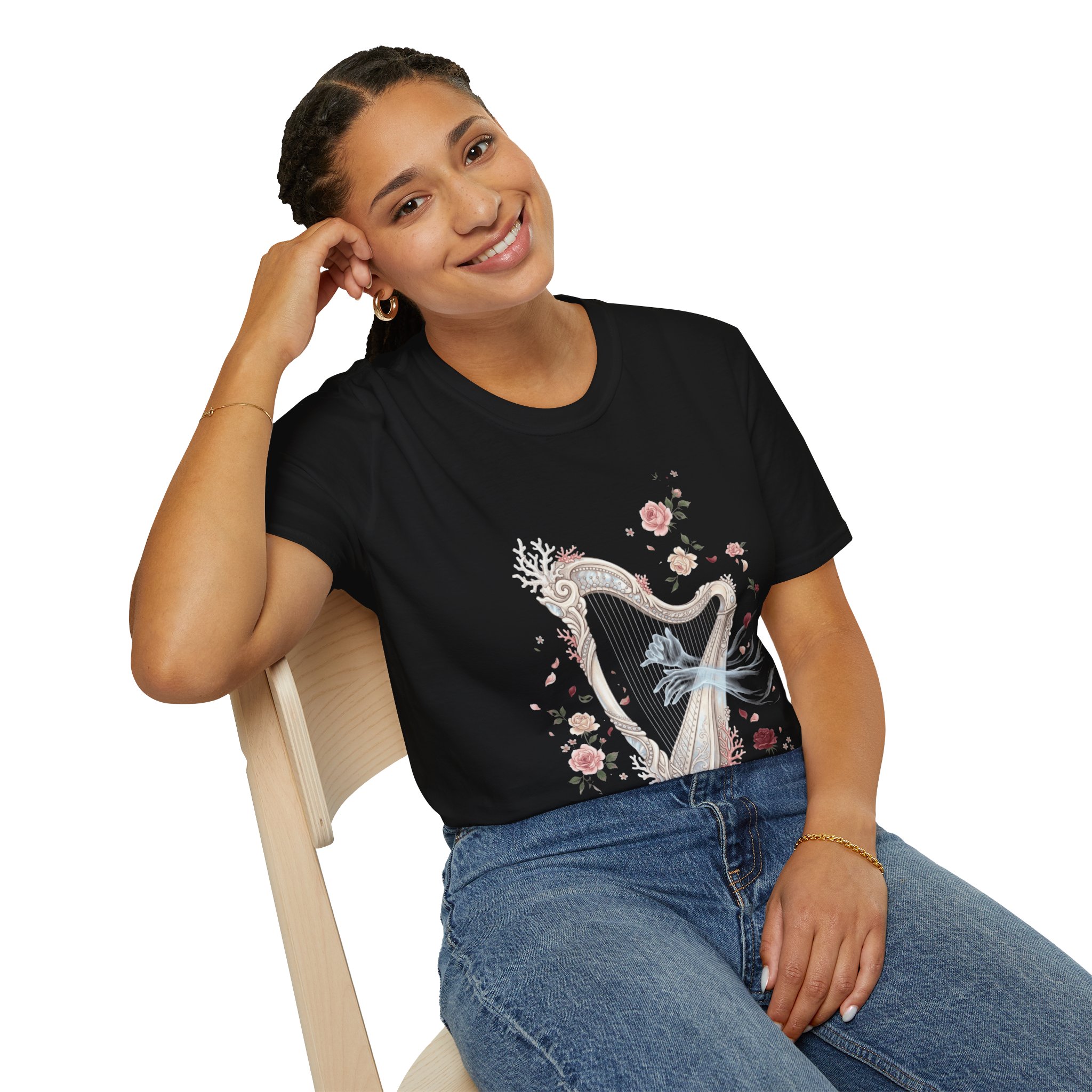 Harp & Roses Floral T-Shirt — Elegant Musical Tee - Image 11