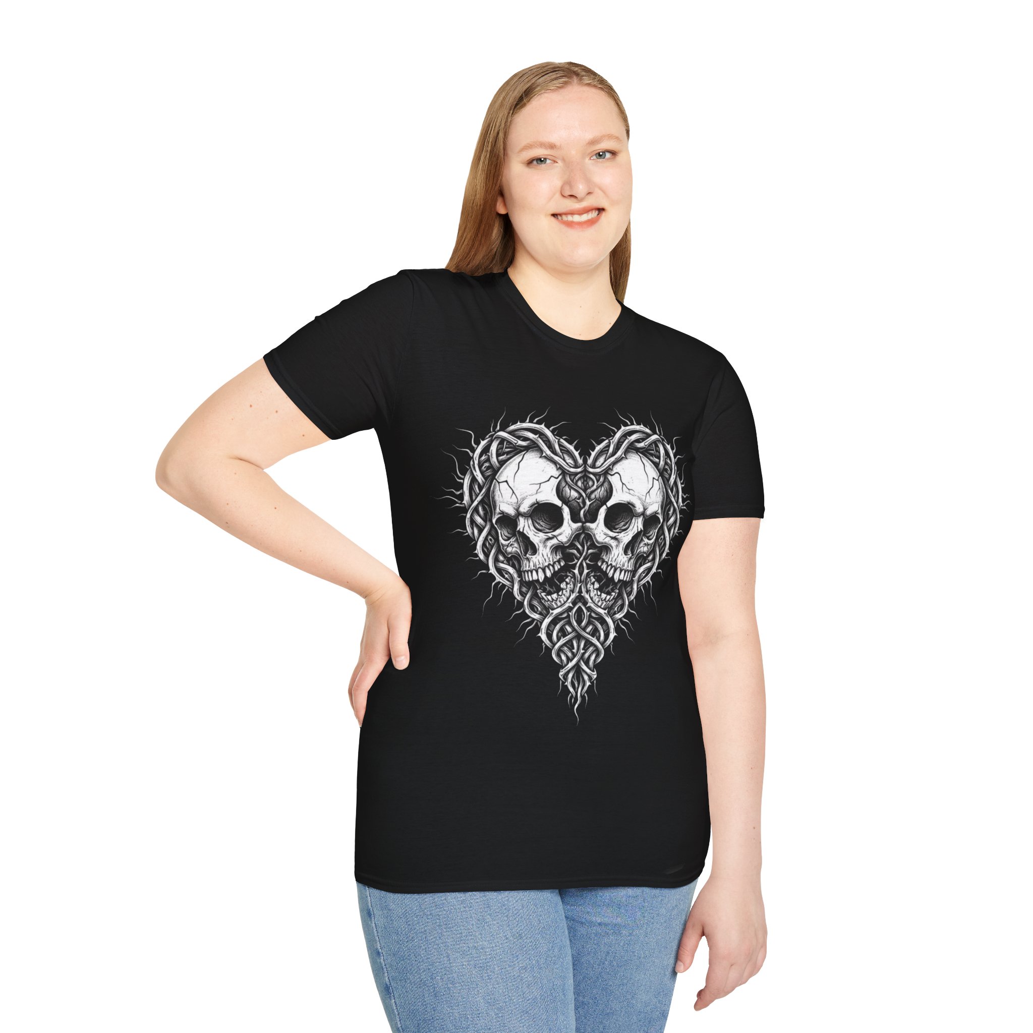 Skull Heart T-Shirt — Gothic Twin Skulls Tribal Love