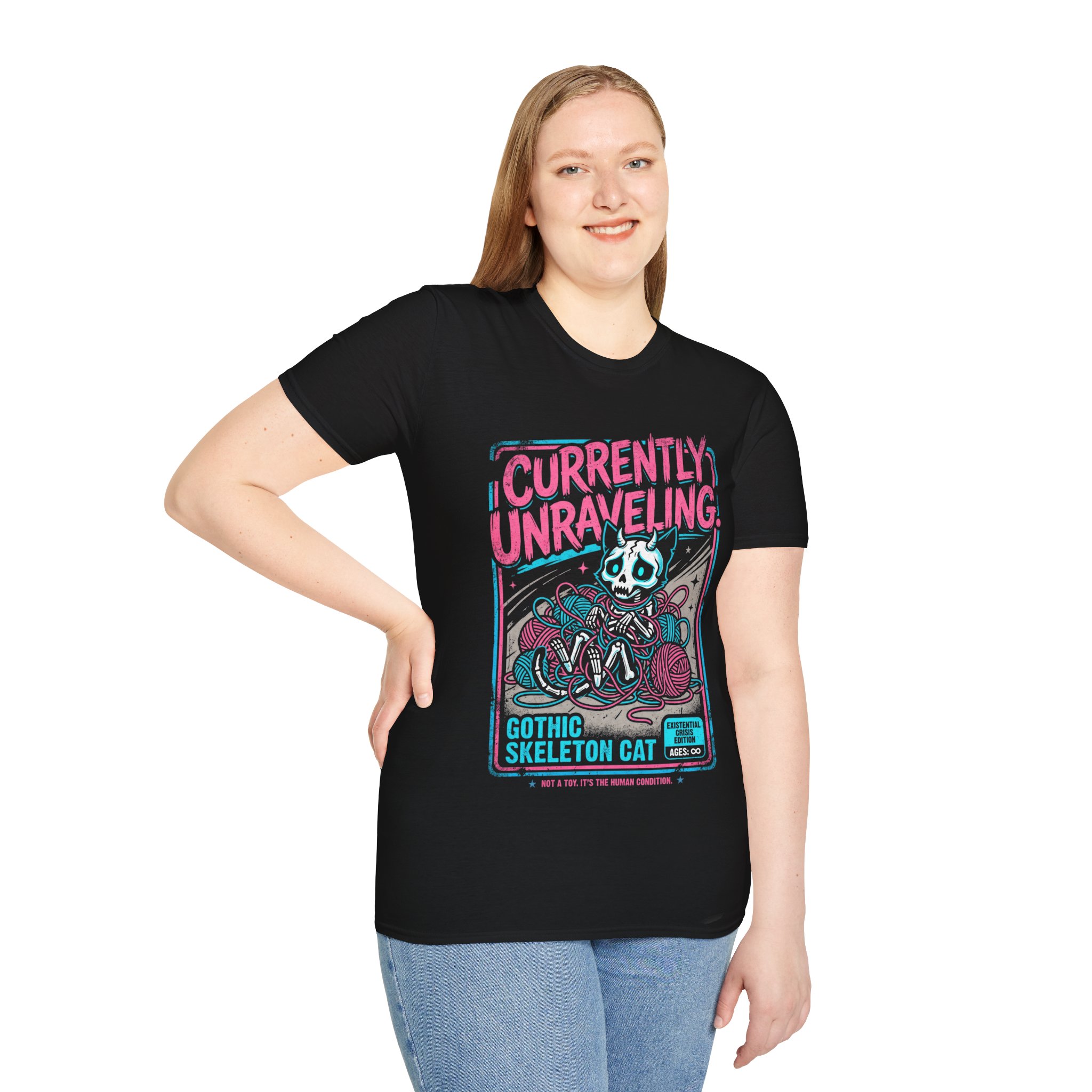 Gothic Skeleton Cat T-Shirt — "Currently Unraveling"