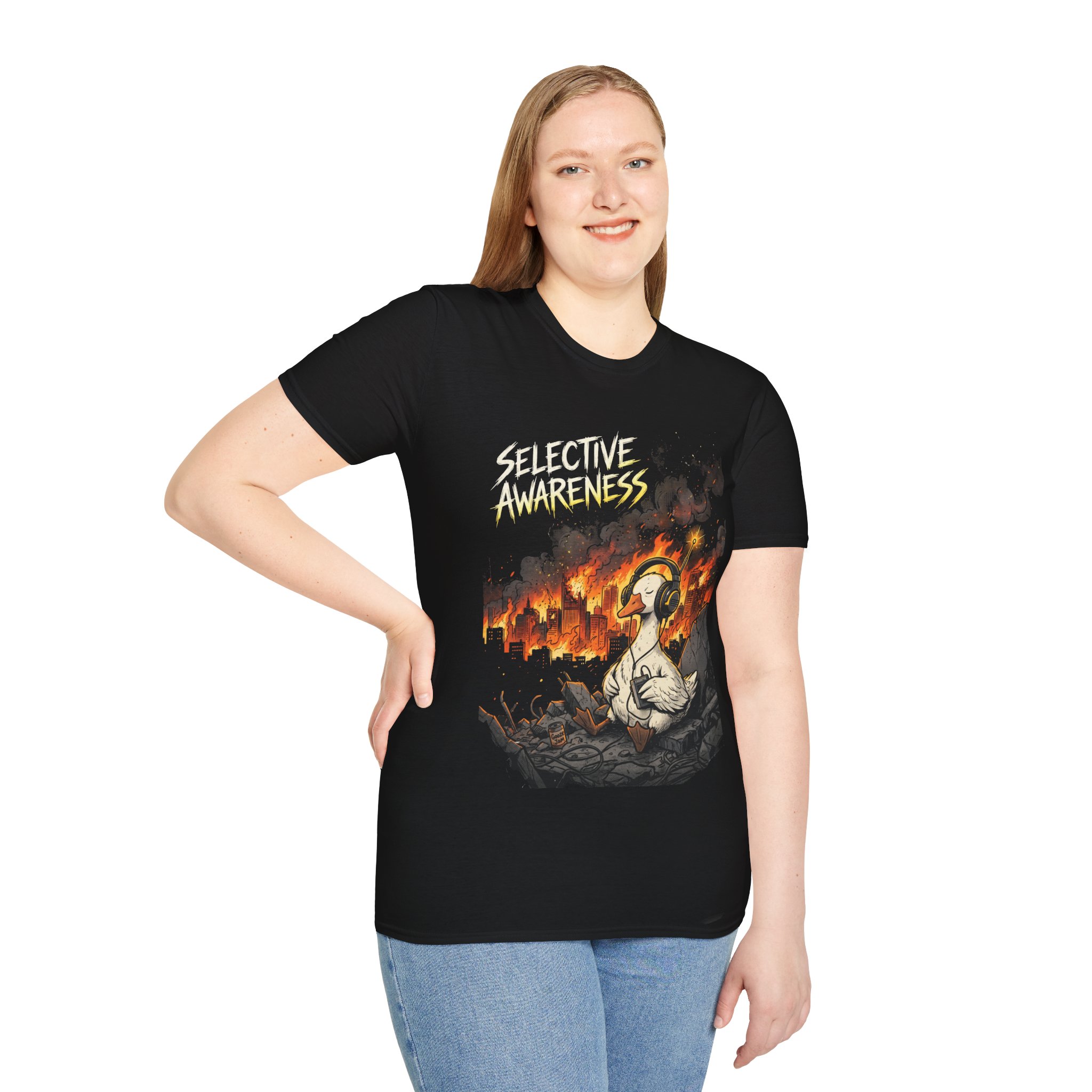 Selective Awareness Graphic T-Shirt — Duck in Headphones Amid City on Fire