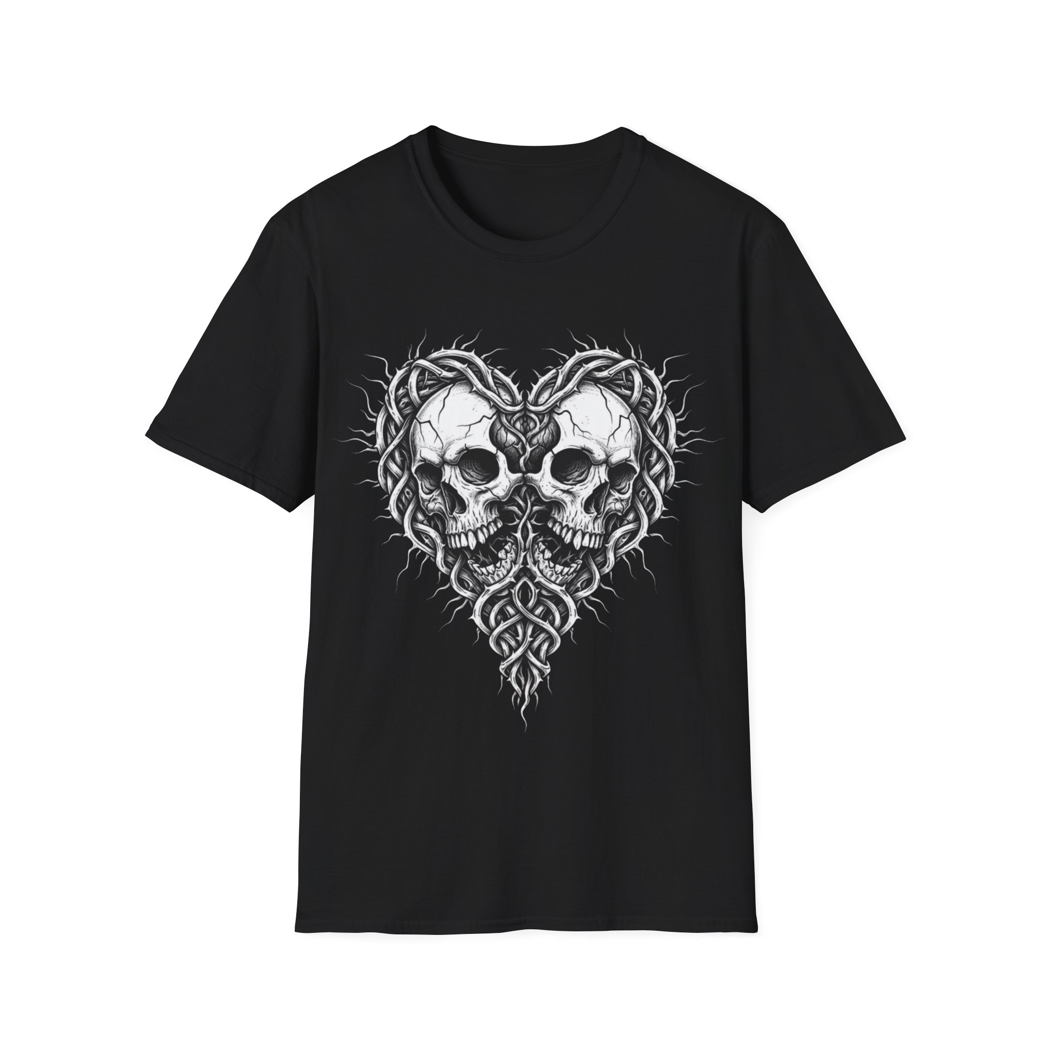 Skull Heart T-Shirt — Gothic Twin Skulls Tribal Love - Image 3