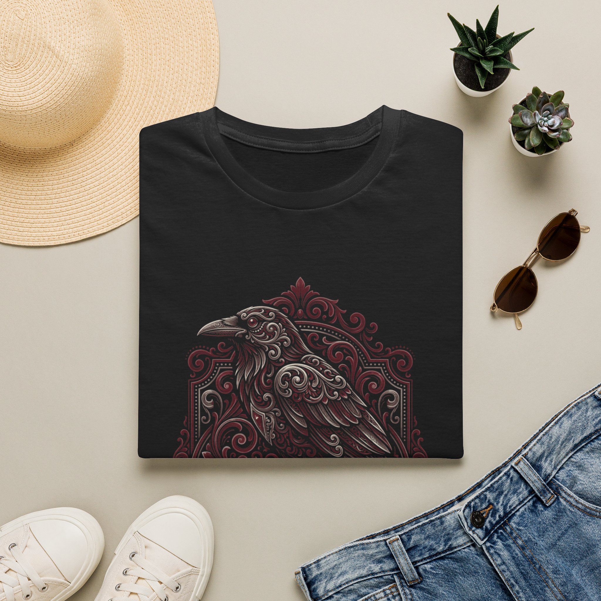 Raven & Skull Gothic T-Shirt — Dark Victorian Raven Graphic Tee - Image 3