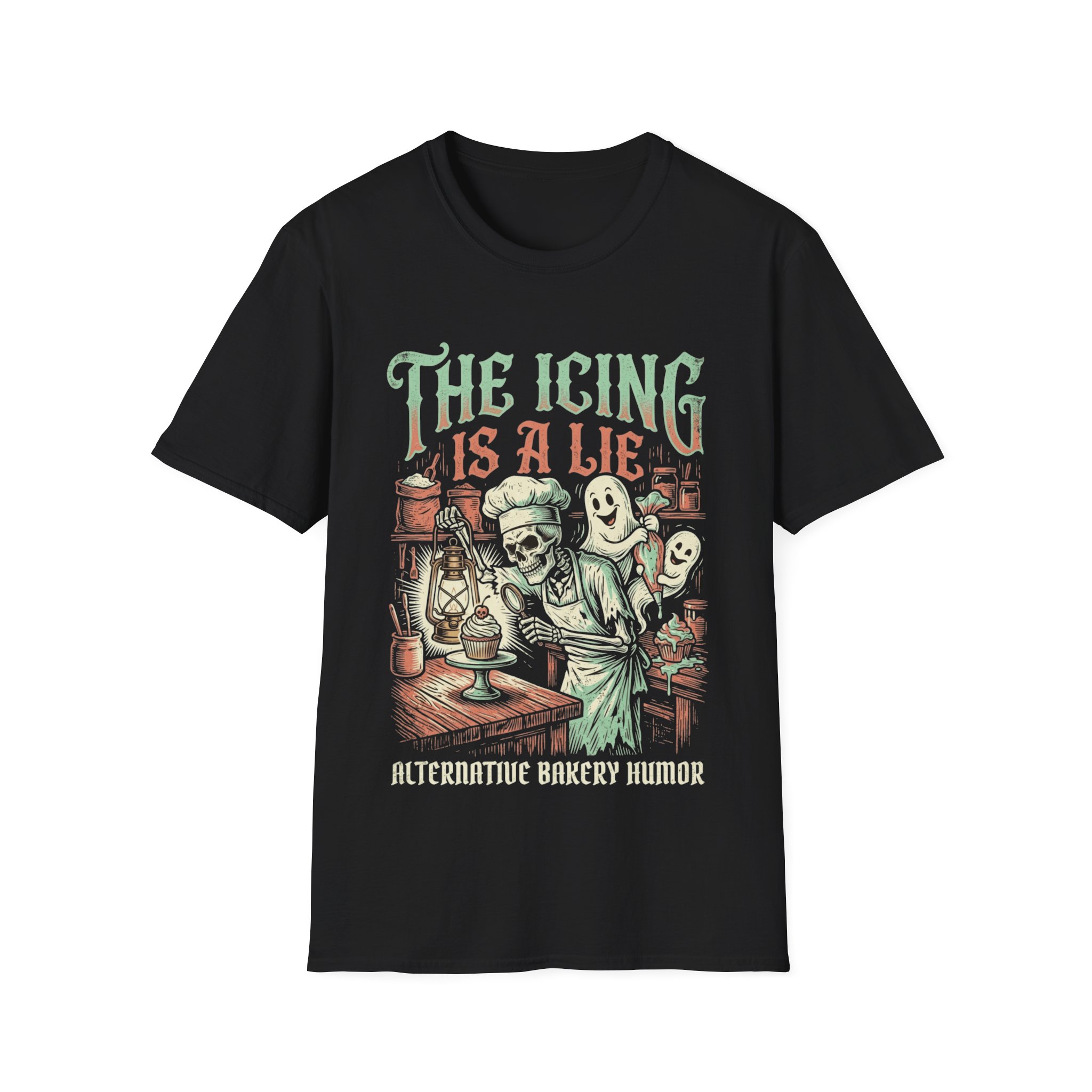 “The Icing Is A Lie” Retro Ghost Baking T-Shirt - Image 5