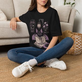 Gothic Bat Reading Tee — Lantern, Books & Moonlight Graphic Shirt