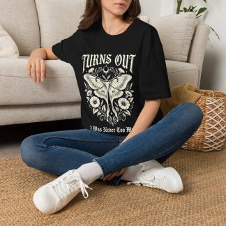 T-Shirt — 'Turns Out' Moth Graphic Tee (Vintage Gothic Floral)