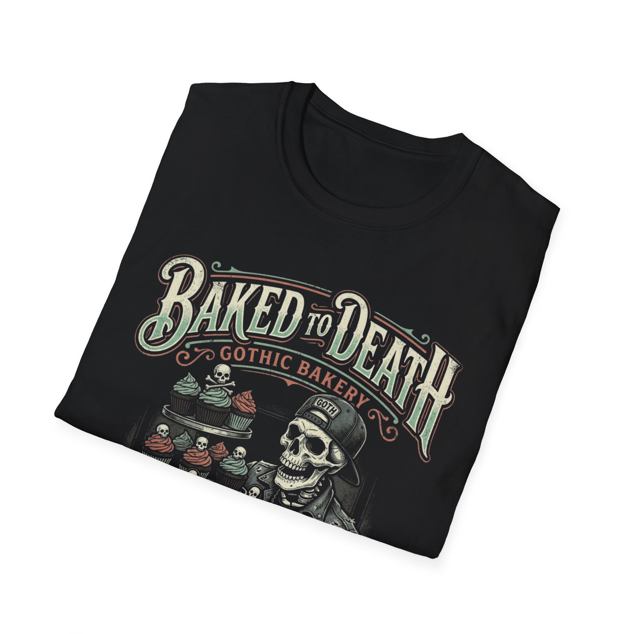 Baked to Death Gothic Bakery T-Shirt — Skull Pastry Chef Vintage Halloween Tee - Image 8