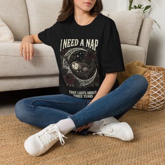 I Need a Nap T‑Shirt — Vintage Moon Cat Nap Humor Tee