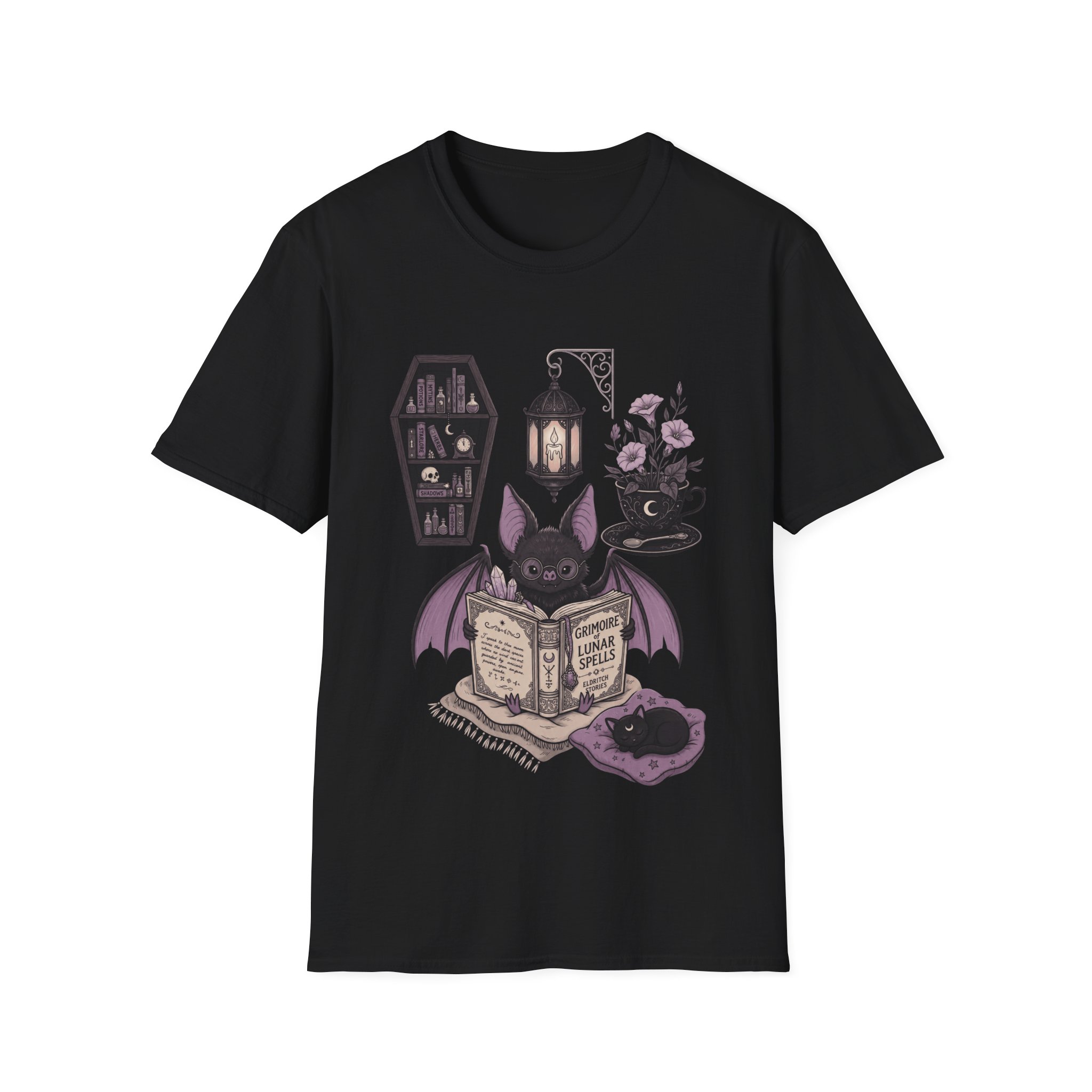 Gothic Bat Reading Tee — Lantern, Books & Moonlight Graphic Shirt - Image 3