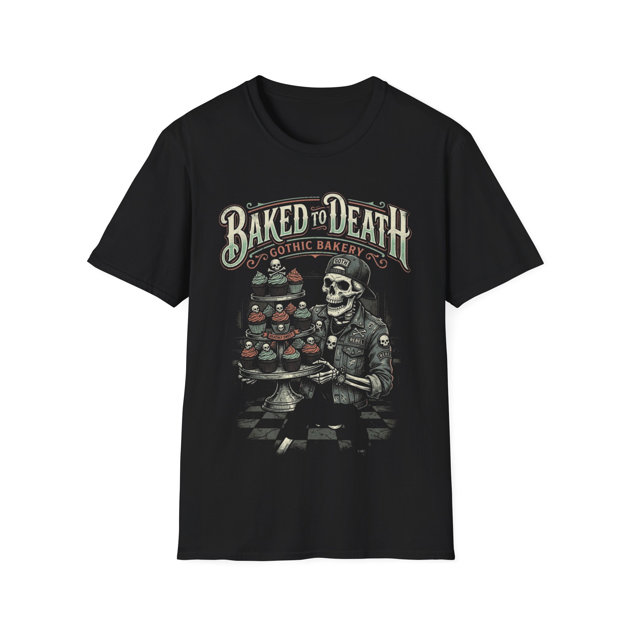 Baked to Death Gothic Bakery T-Shirt — Skull Pastry Chef Vintage Halloween Tee - Image 5